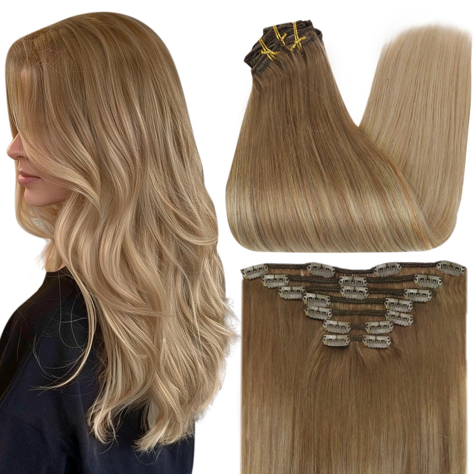 Full Shine Full Shine Balayage Clip in Hair Extensions Human Hair Blonde Clip in Extensions Human Hair Light Brown to Blonde Remy Clip Hair Double Weft Clip in Hair 7 Pcs 12 Inch