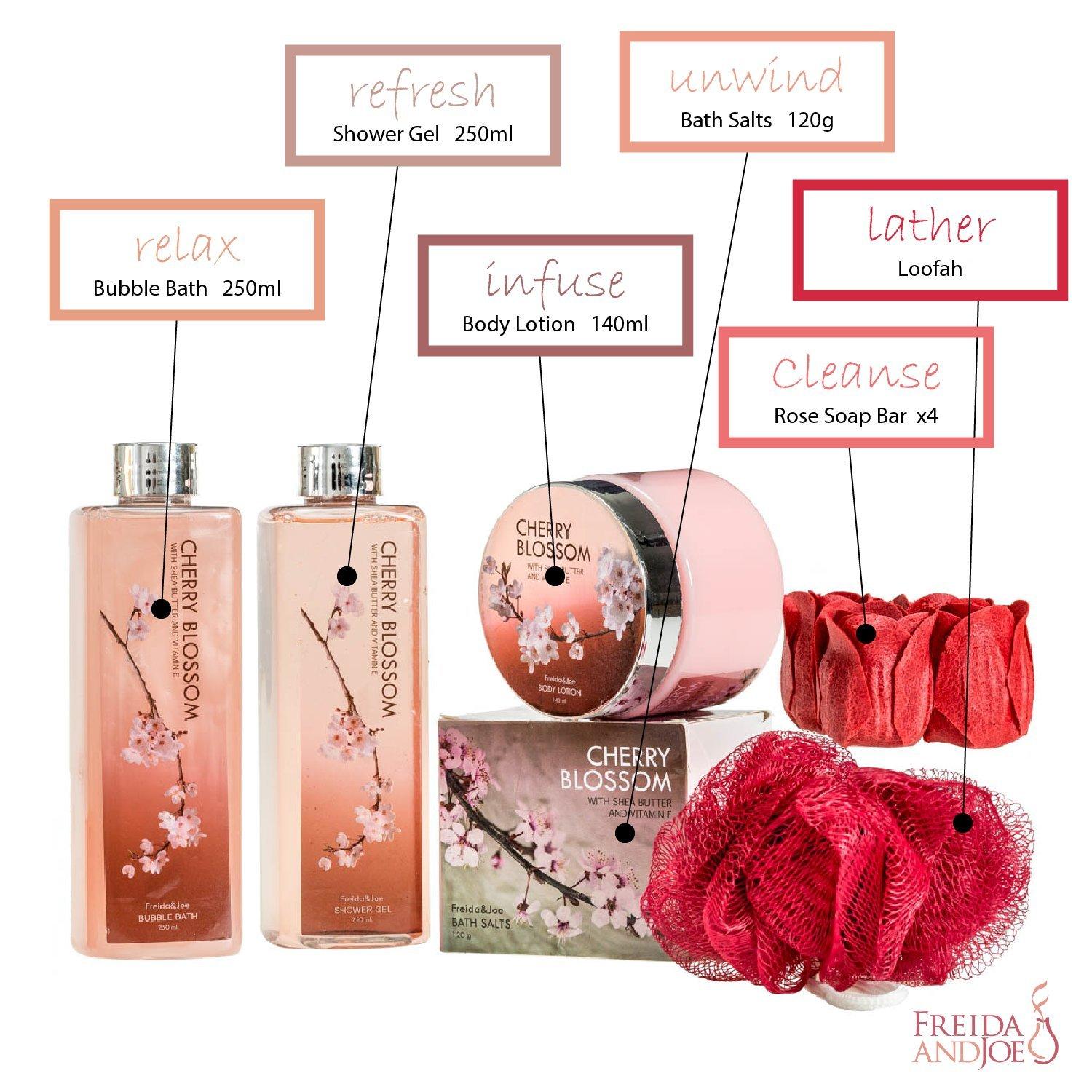 Freida and Joe Deluxe Cherry Blossom Spa Basket - Home Spa Set with Bubble Bath, Bath Salts, Body Lotion, Bath Puff, and Rose Soaps in Wooden Curio Valentines Gift for Women