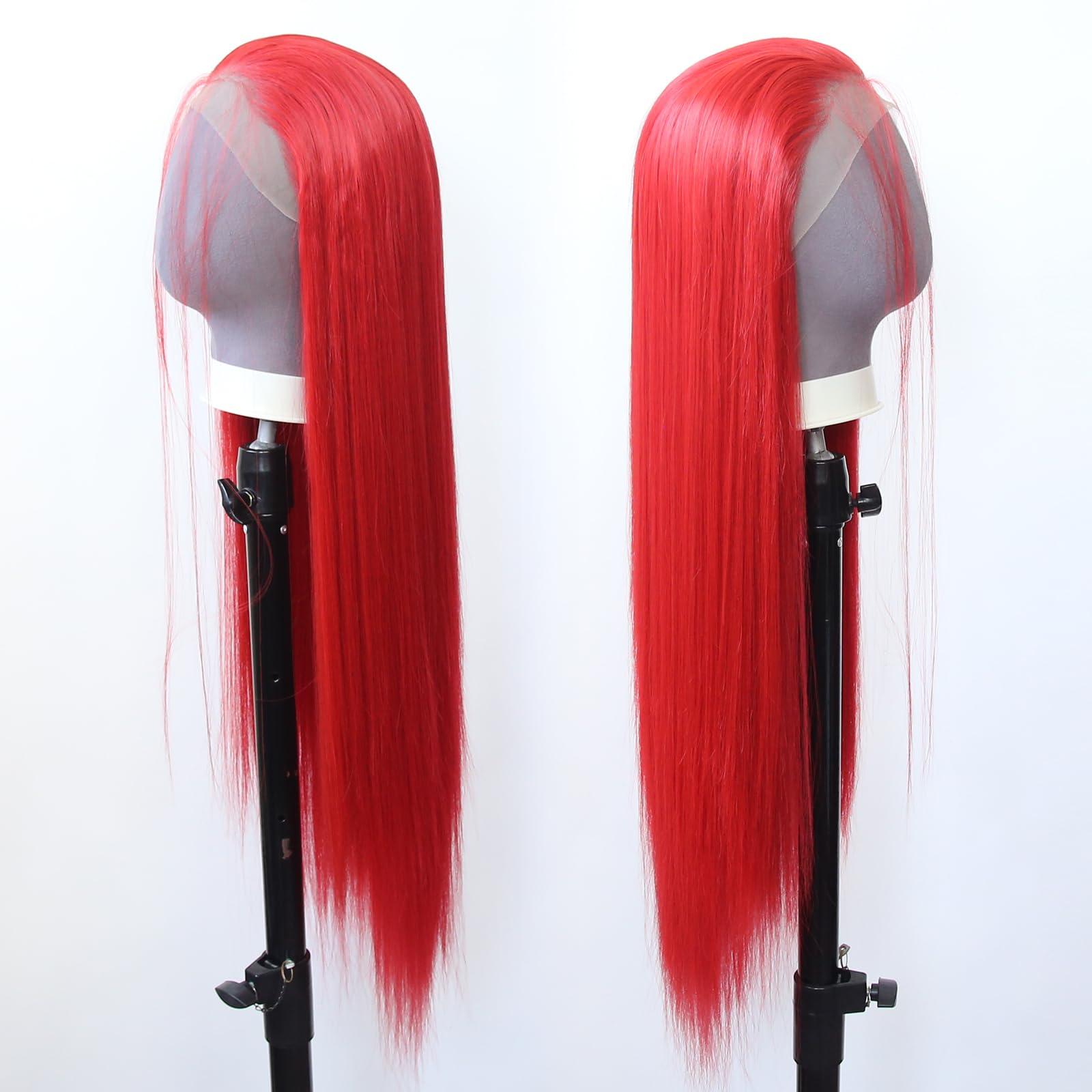zigzag hair zigzag hair Red Wig Long Straight Bright Red Synthetic Lace Front Wigs Pre Plucked with Natural Hairline for Fashion Women Heat Resistant Hair Red Glueless Synthetic Lace Wig (Bright Red)