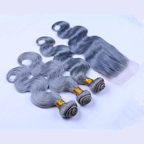 Ruma Hair Ruma Hair Pure Grey Hair Weave 3 Bundles With 4x4'' Lace Closure Silver Grey Body Wave Wavy Virgin Human Hair Extensions With Free Part Top Closures Piece (10 with 10 12 14)