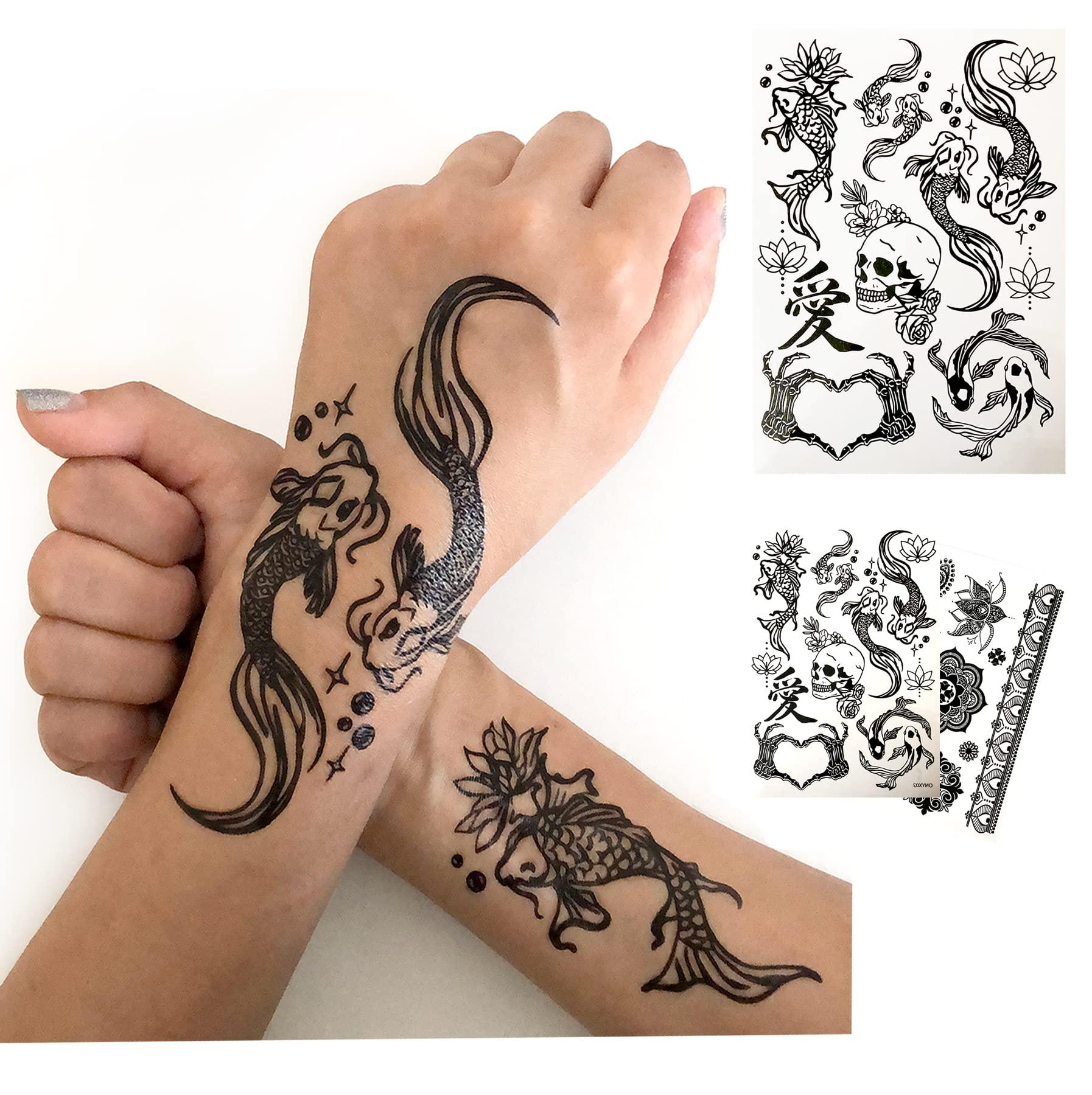 d'IRIS studio Temporary Tattoos for Adult Women - 2 Sheets - Black Big Ying and Yang Koi Fish Kanji Love Skeleton Heart Hand Skull Lotus Sleeve Adults Tattoo