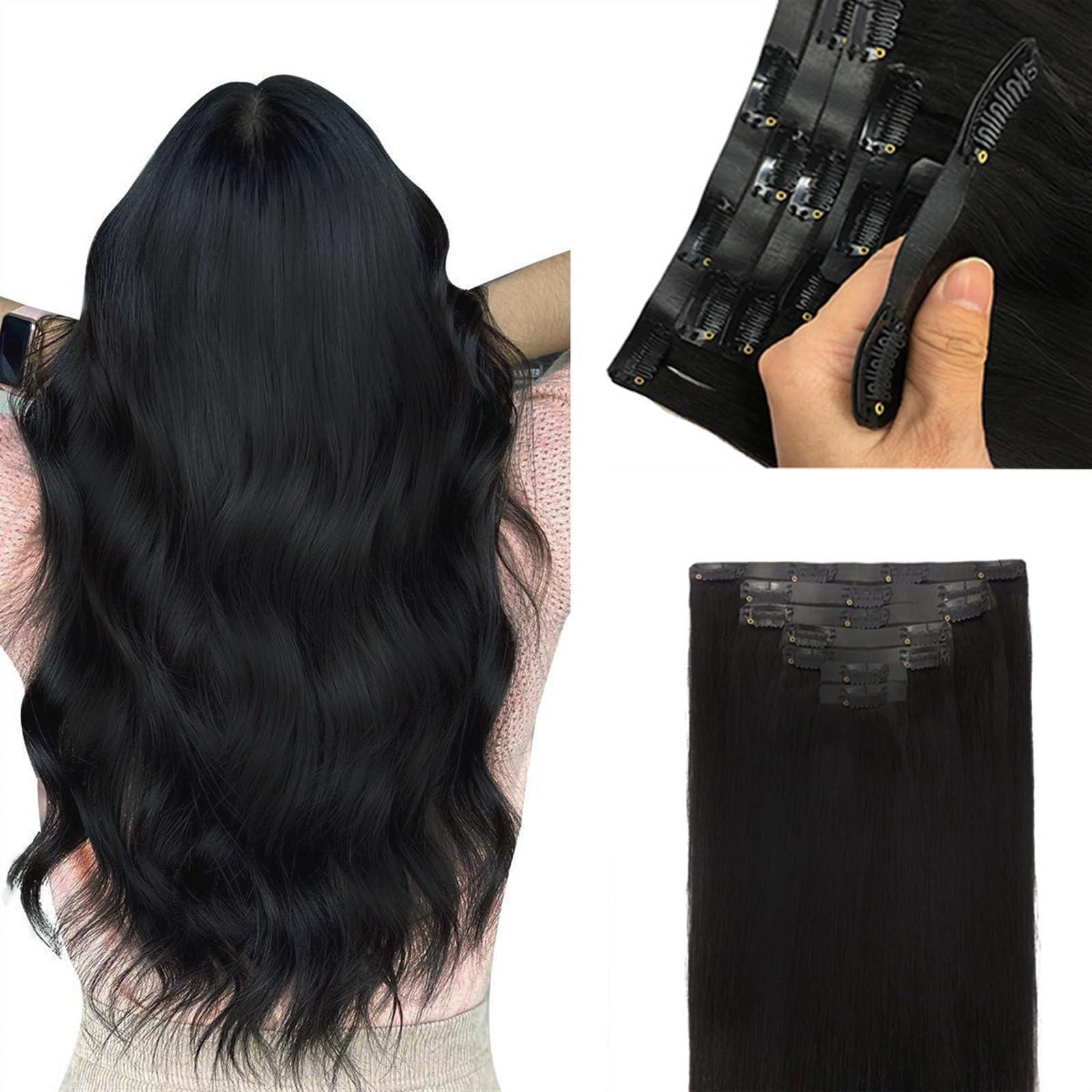 GRFIT Clip in Hair Extensions Seamless Hair Extensions Human Hair Black Clip in Hair Extensions Double PU Weft Invisible Straight Natural Remy Clip on Human Hair Extensions Fashion Hair Extensions (Color :