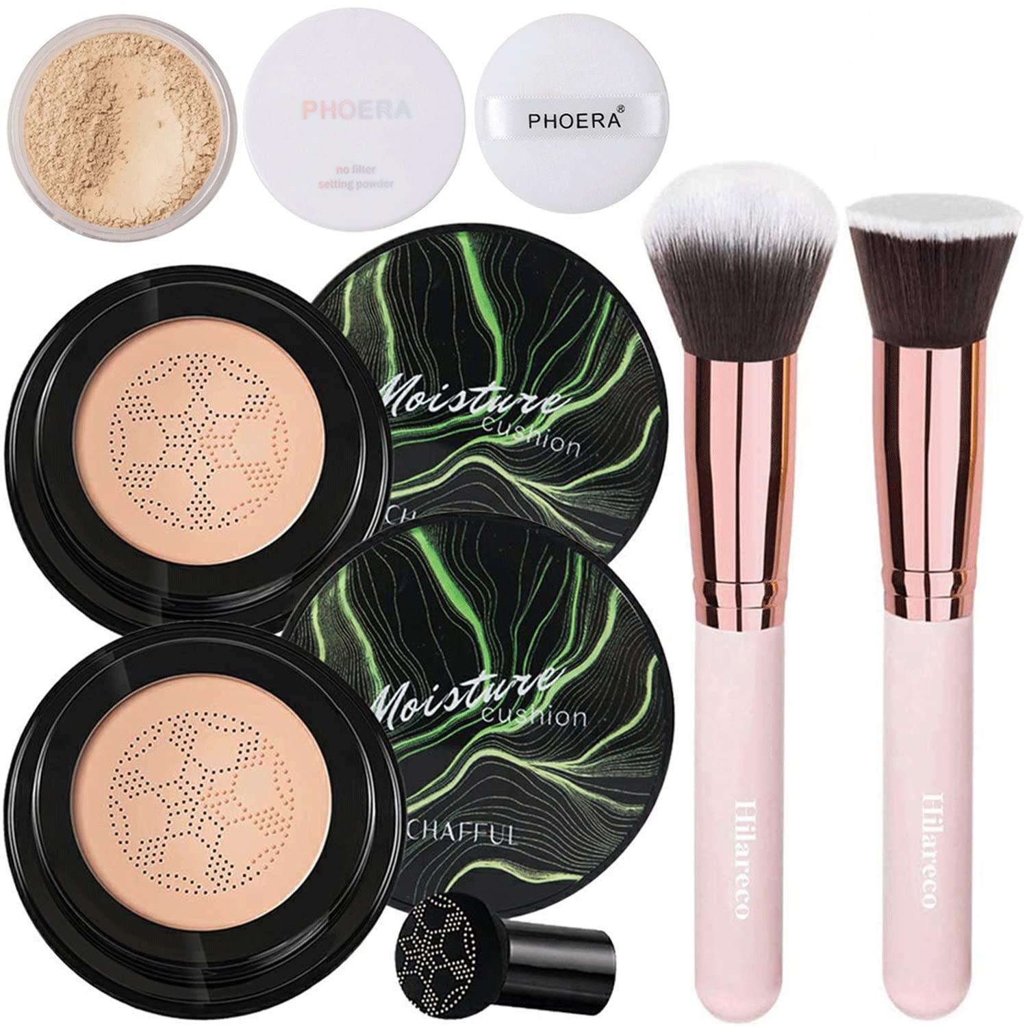 Hilareco Mushroom Head Air Cushion CC Cream Natural Foundation,Phoera Powder, Bright Makeup Base Long Lasting with Makeup Sponge and Flat Top Kabuki Foundation Brush (#03 Warm Nude)
