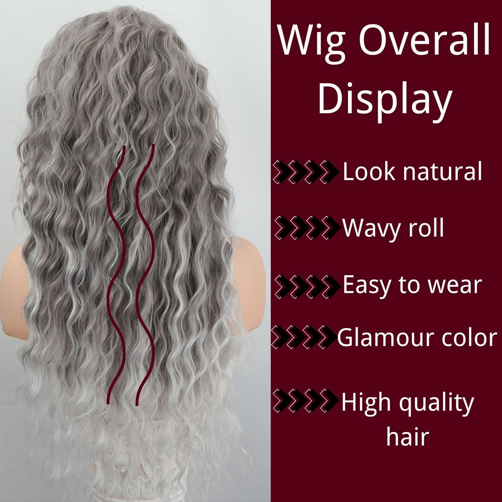 Fencca Fencca Grey Long Curly Wig Synthetic Mixed Gray Wave Curly Wigs for Women Free Part Full Curly Wig Layered Long Wavy Grey Wig