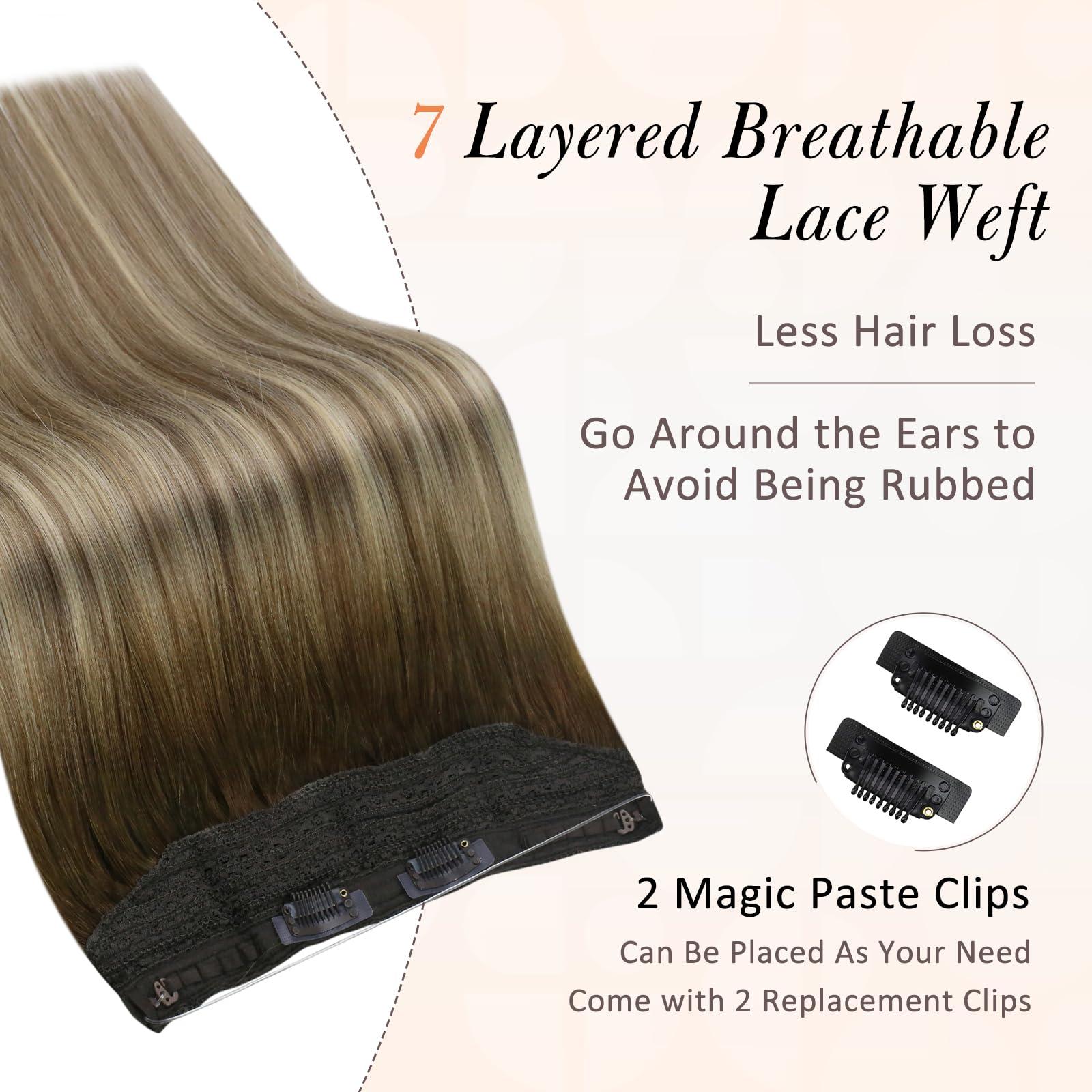 Full Shine Full Shine Brazilain Hair Clip in Extensions Pu Weft Brown Ombre Chestnut Brown Highlights Platinum Blonde 18 Inch+Invisible Wire Hair Extensions Balayage Walnut Brown to Light Brown Mix Light Blonde
