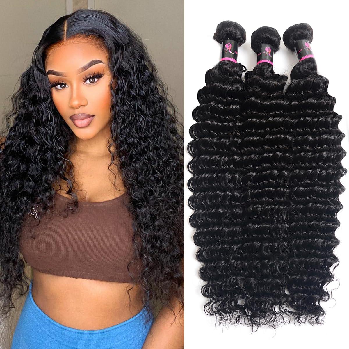 beauty youth Beauty Youth Deep Curly Human Hair 3 Bundles(16 14 12inch)100% Unprocessed Brazilian Virgin Deep Wave Hair Weave 3 Bundles Human Hair Deep Curly Hair Extensions Natural Color