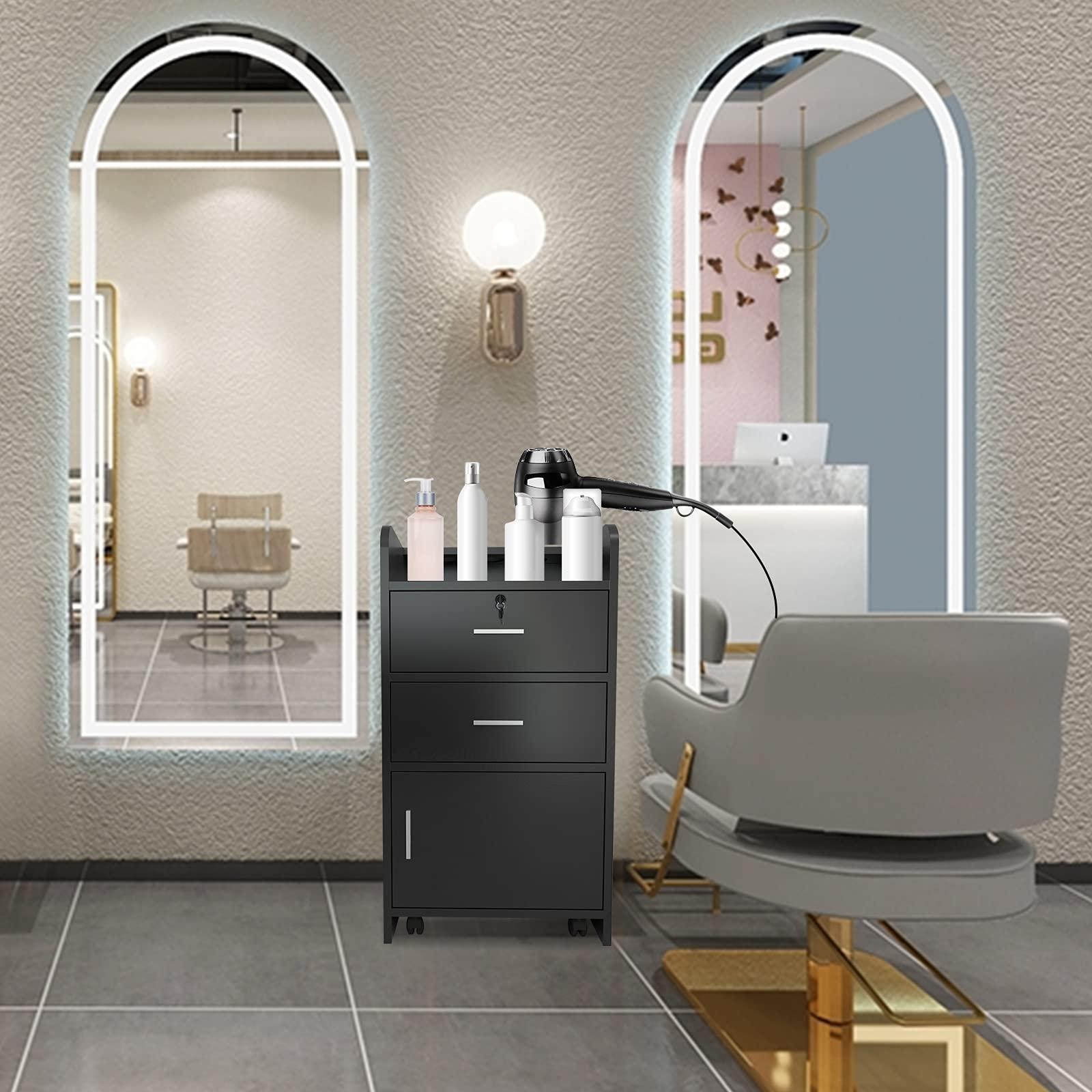 SSLine SSLine Beauty Salon Storage Cabinet w/2 Drawers Styling Station,Beauty Salon Side Table Spa Storage Cabinet Trolley Stations Barber Salon Equipment w/1 Cabinet (Black)