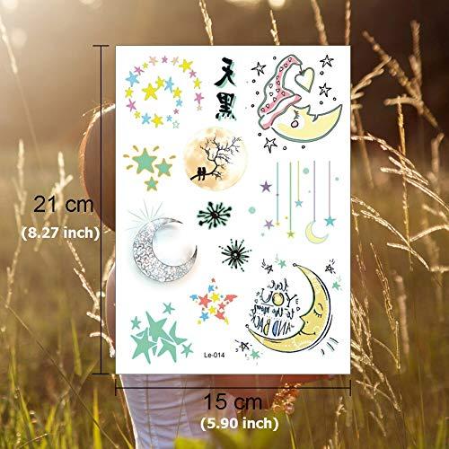 Fanoshon Fanoshon Glow in the Dark Butterfly Moon Star Temporary Tattoo for Teens Girls Women, 5 Sheets Fake Large Luminous Body Stickers for Face Arm Back Chest Leg Shoulder Waterproof, Birthday Party Favors