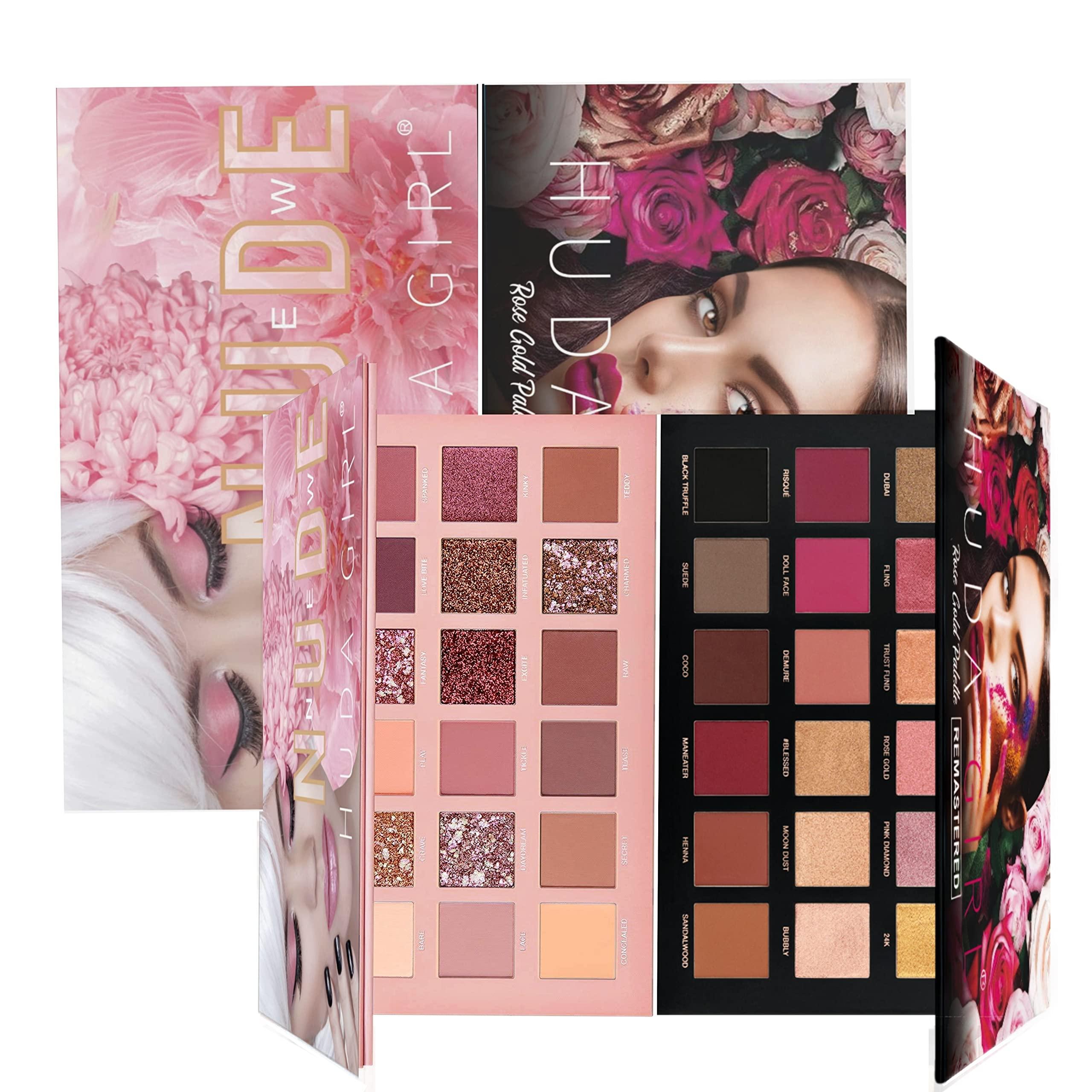 HUDA GIRL HUDA GIRL Beauty Rose Gold Remastered + Nude Edition Eyeshadow Palette Combo Kit - 36 Matte and Shimmer Finishes, Includes Black Eyeshadow - Complete Eye Shadow Palette Set