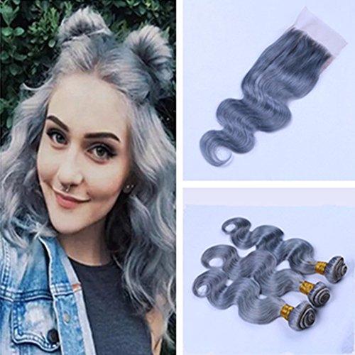 Ruma Hair Ruma Hair Pure Grey Hair Weave 3 Bundles With 4x4'' Lace Closure Silver Grey Body Wave Wavy Virgin Human Hair Extensions With Free Part Top Closures Piece (12 with 14 16 18)