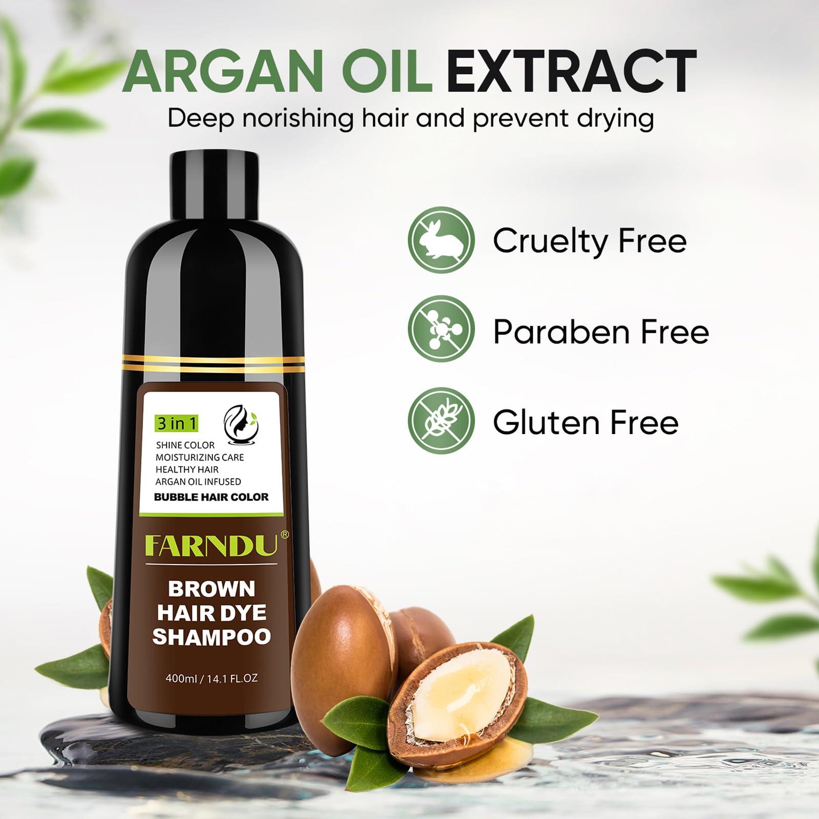 Farndu Brown Hair Dye Shampoo for Women Men, 100% Gray Hair Coverage, Natural Herbal Ingredients