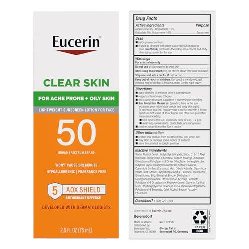 Eucerin Eucerin Sun Clear Skin Face Sunscreen Lotion SPF 50 for Acne Prone Skin, Hypoallergenic, Fragrance Free Sunscreen SPF 50 with Oil-Absorbing Minerals, 2.5 Fl Oz Bottle