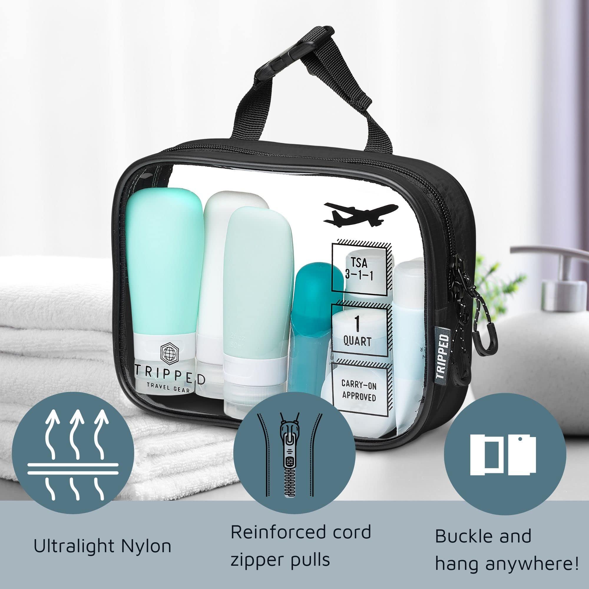 TRIPPED Travel Gear Toiletry Bag Kit Set: Hanging Travel Toiletry Bag + 311 TSA Cosmetic Liquid Bag + Ultralight Accessory Organizer Pouch (Black Ripstop)