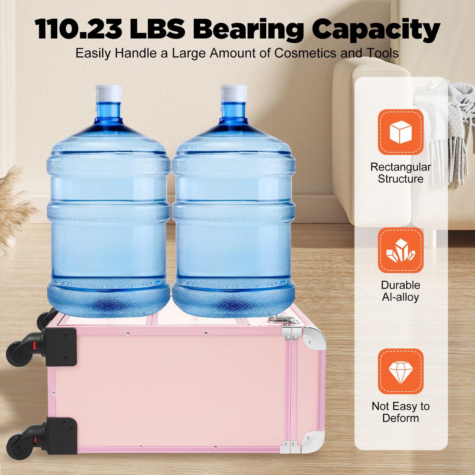 KeruRome KeruRome Professional Rolling Makeup Train Case Large Cosmetic Trolley with Locks Makeup Cart with Wheels Aluminum Nail Tech Travel Case Portable Makeup Station, Pink