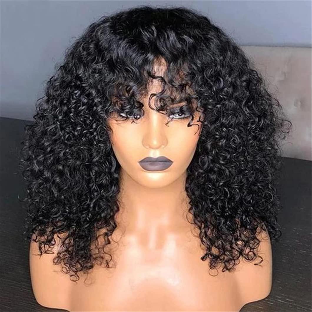 SSJFZM 200 Density Curly100% Human Hair Wigs With Bangs Scalp Top Full Machine Made Wig Remy Brazilian Short Curly Wig For Black Women 180% 30inches