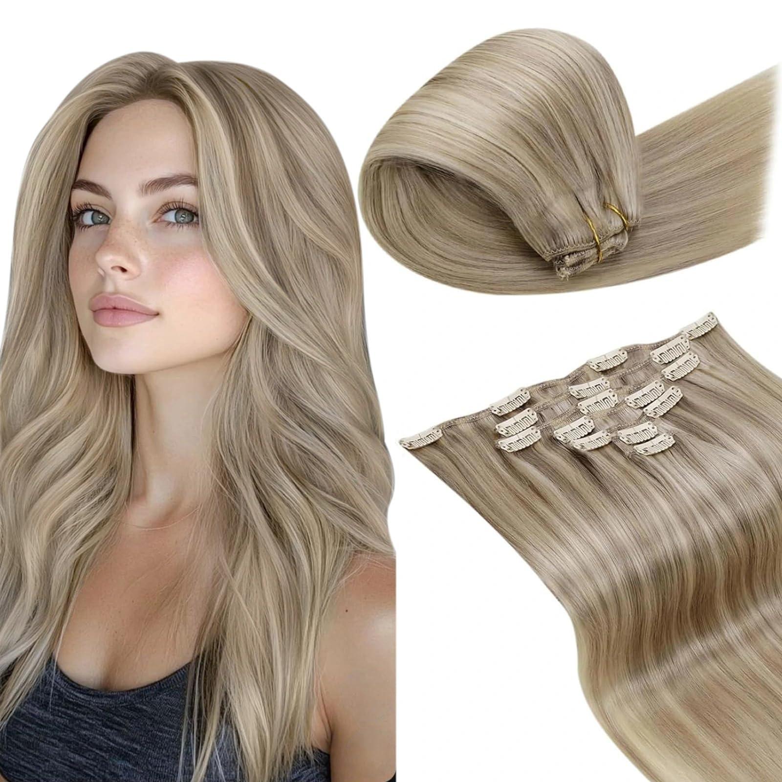 LaaVoo LaaVoo Human Hair Clip in Extensions Dark Ash Blonde Highlighted Light Blonde Clip in Hair Extensions Real Human Hair Highlight Blonde Clip in Hair Extensions Full Head 24 Inch 120g 7pcs