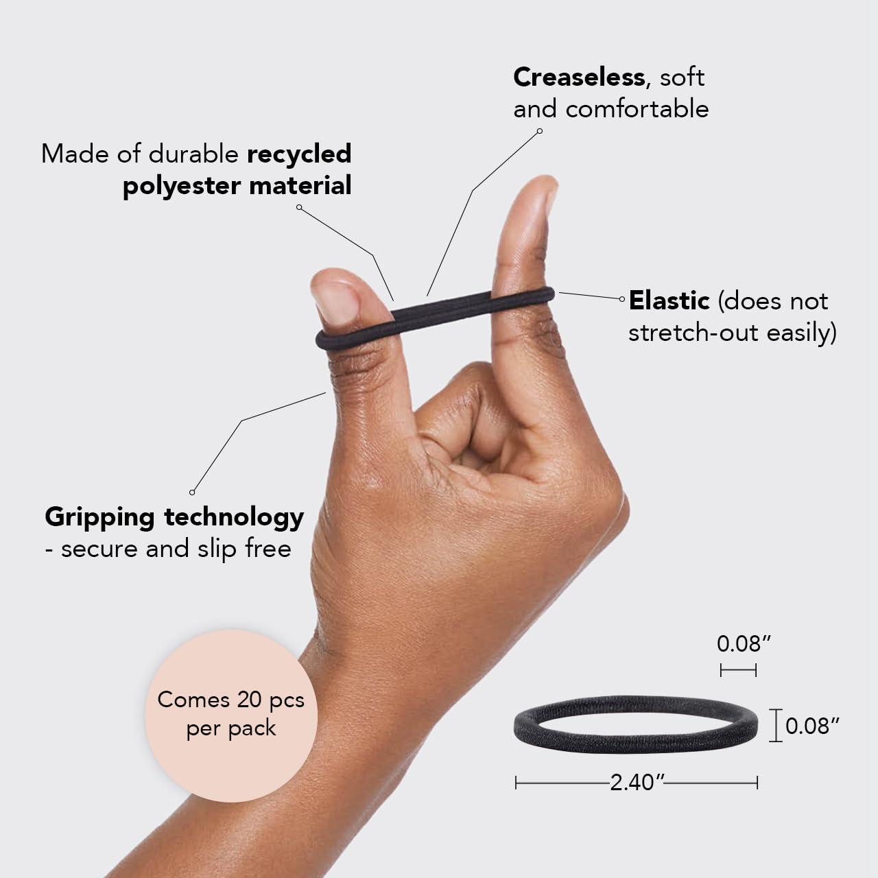 Kitsch Kitsch Hair Ties for Women, Hair Ties No Damage Elastics, Ponytail Holders - No Pull, No Breakage, Stretchy Hairties for Everyday Use | Recycled Polyester Material, 20 pcs - Black