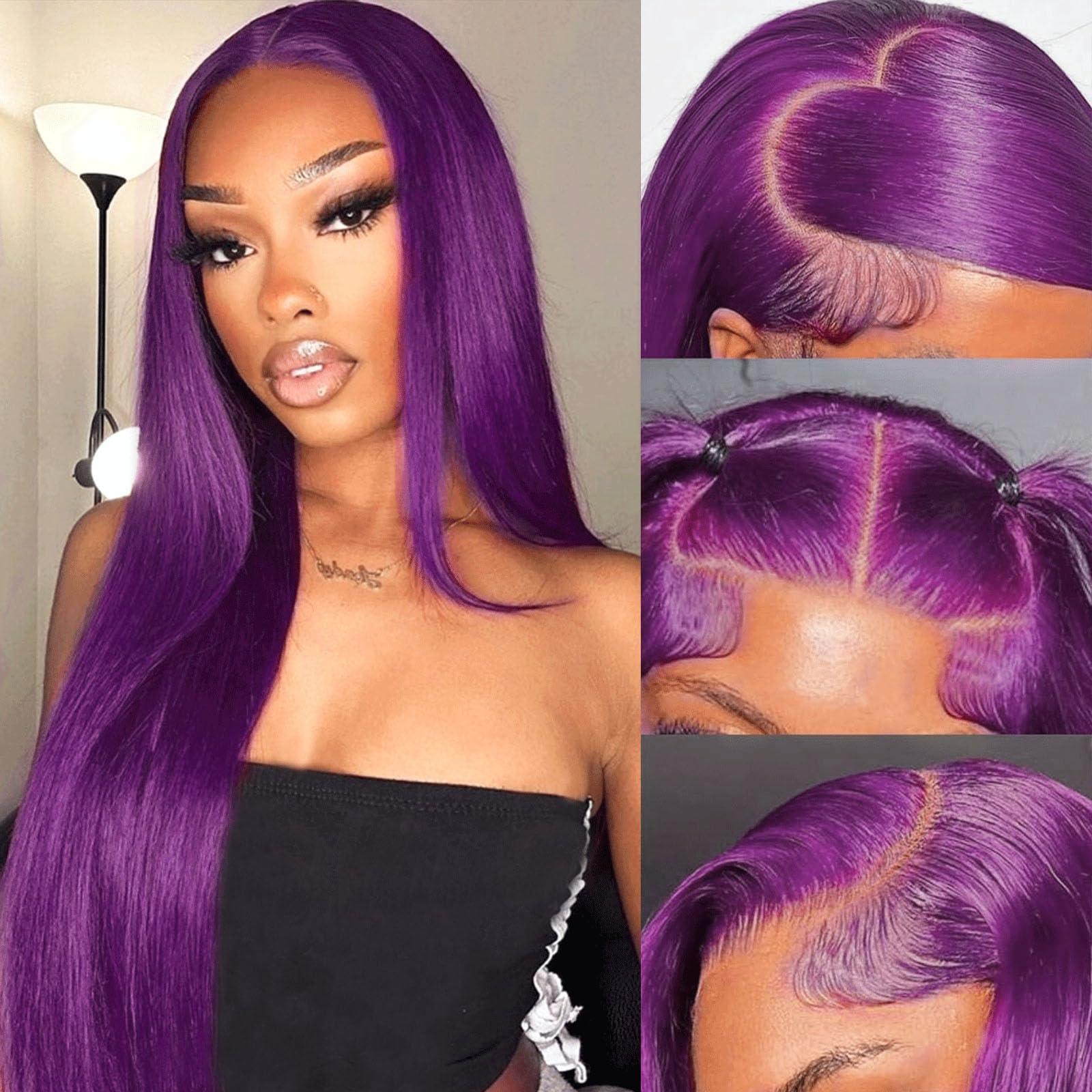 cute fairy cute fairy Deep Purple Lace Frontal Wig Human Hair 13x4 Dark Burgundy Straight Lace Front Glueless Wigs Human Hair for Women 24 Inch 150% Density with Baby Hair