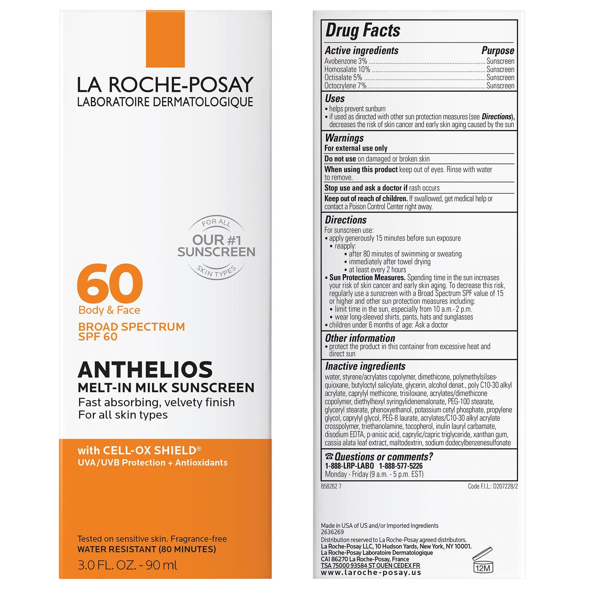 La Roche-Posay La Roche-Posay Anthelios Melt-In Milk Sunscreen SPF 60, Sunscreen For Body & Face, Broad Spectrum SPF + Antioxidants, Oil Free, Lightweight & Fast Absorbing, Oxybenzone Free