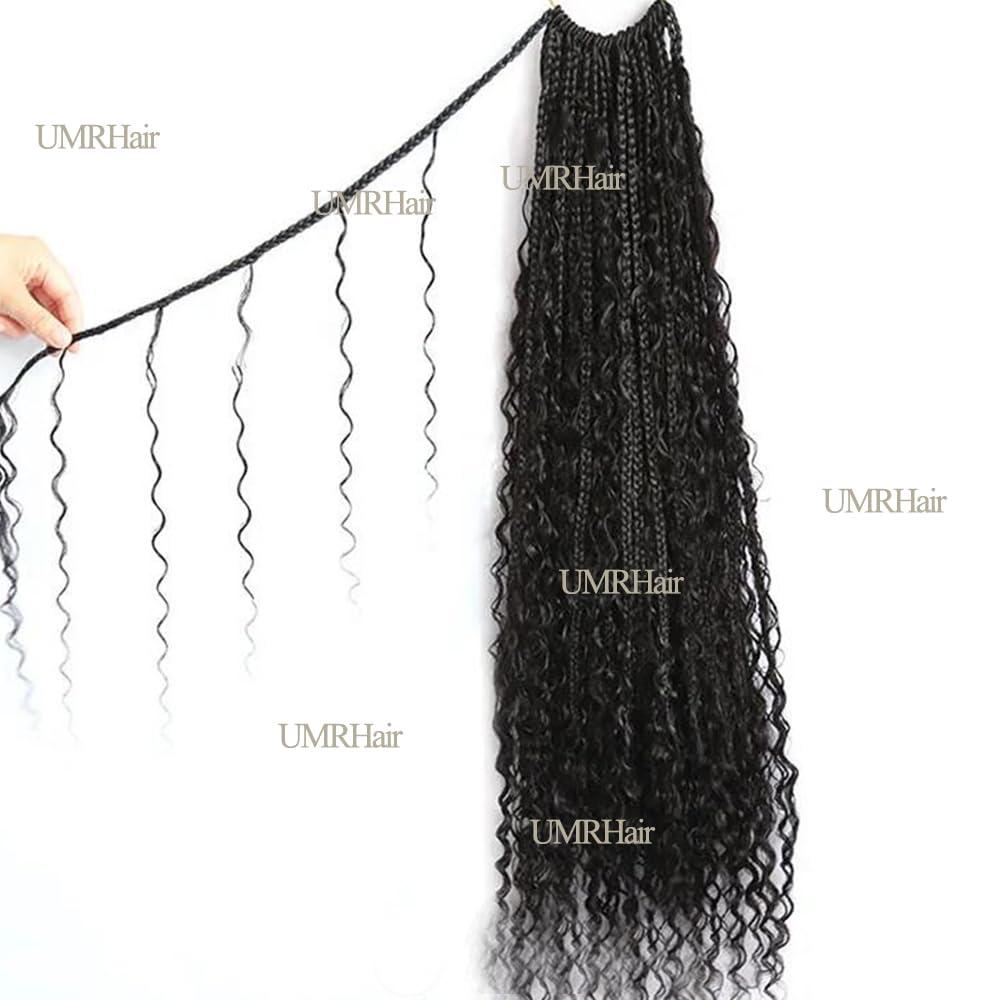 UMRHair Prelooped Human Hair Bulk Crochet Goddess Braids with Human Hair Curls Synthetic Braiding Hair with Curly Ends Crochet Boho Box Braids Natural Black 30inch