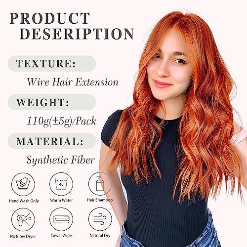 MORICA MORICA Invisible Wire Hair Extensions - Copper Red Hair Extensions 20 Inch Halo Hair Extensions Long Wavy Synthetic Hairpiece with Transparent Wire Adjustable Size, 4 Secure Clips for Women