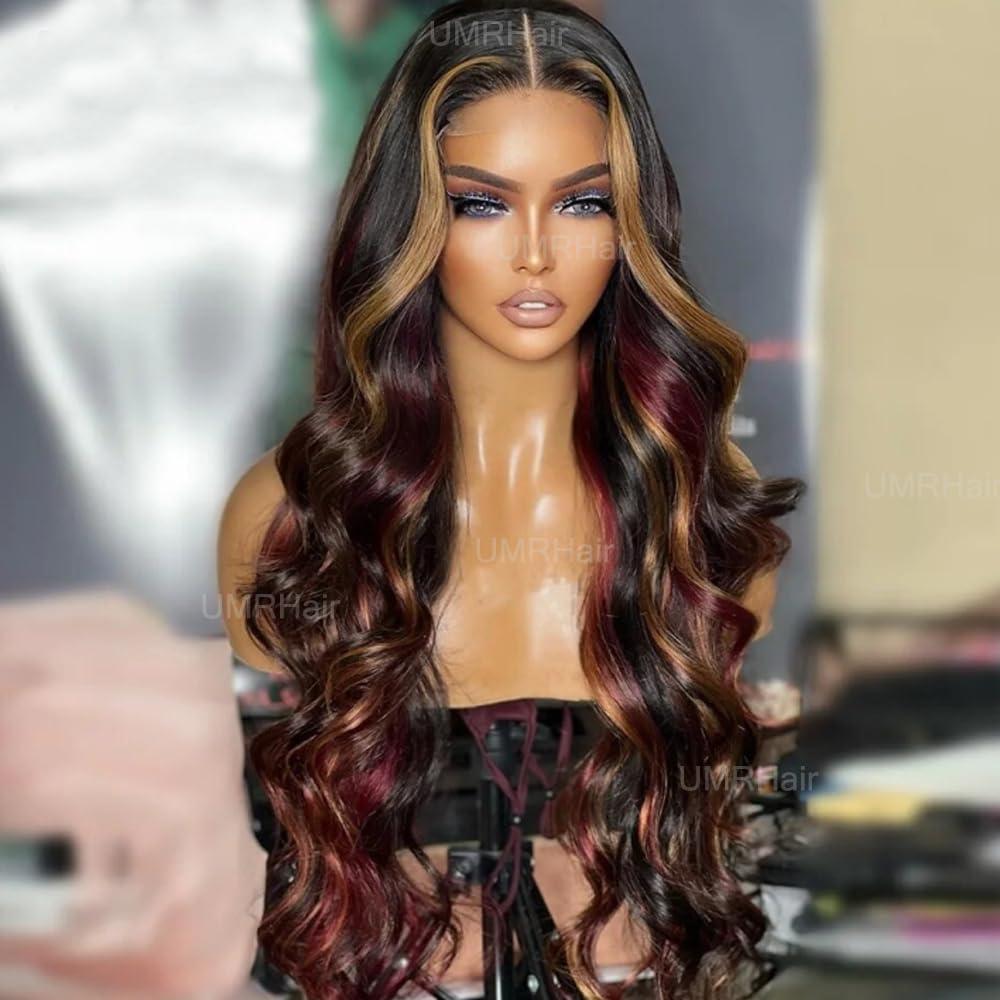 UMRHair Black Red Blonde Highlights 13X6 Lace Front Wig Human Hair Loose Wave Glueless Burgundy Wig with Blonde Skunk Stripe Preplucked with Baby Hair 16inch 130Density