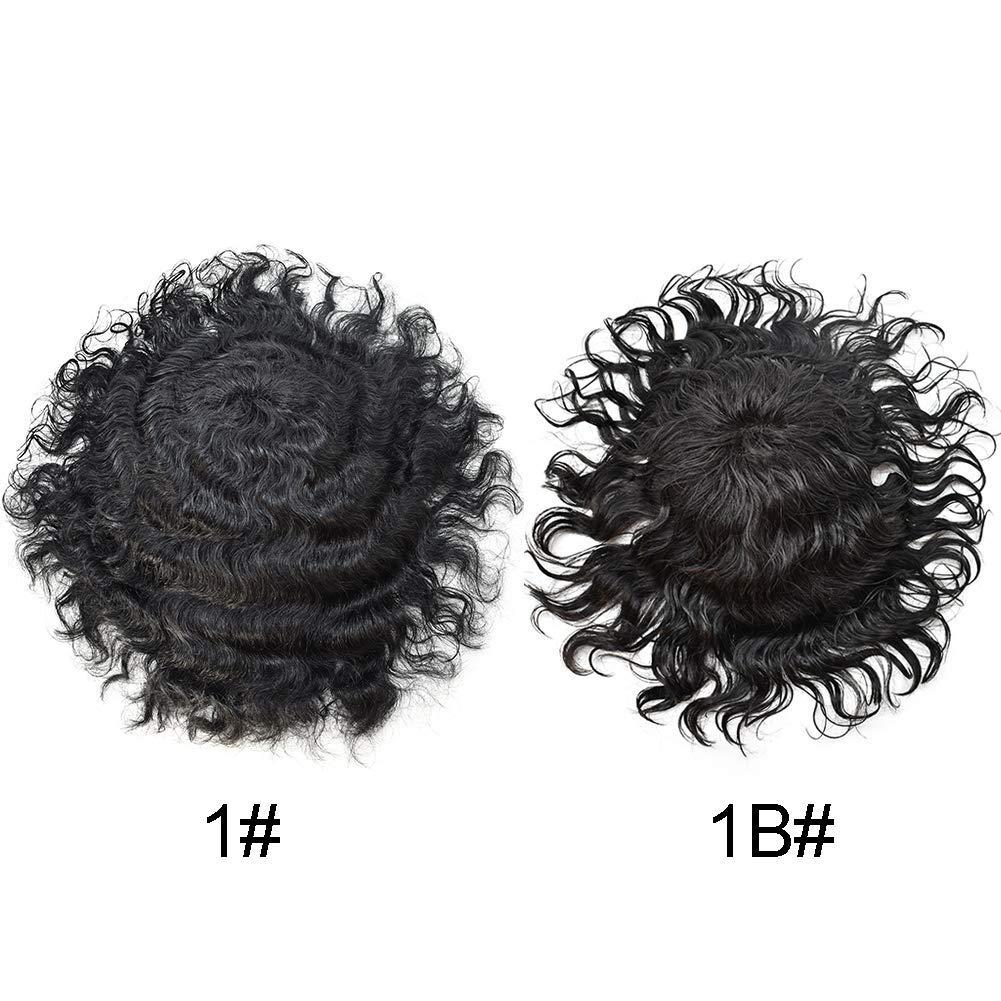 Generic Afro Mens Toupee Full Pu Injection Man Weave Thin Skin Hair Unit 100% Virgin Human Kinky Curly Hair Replacement Units for Black Men (8\'\'x10\'\', 1B# OFF BLACK-14mm wave)