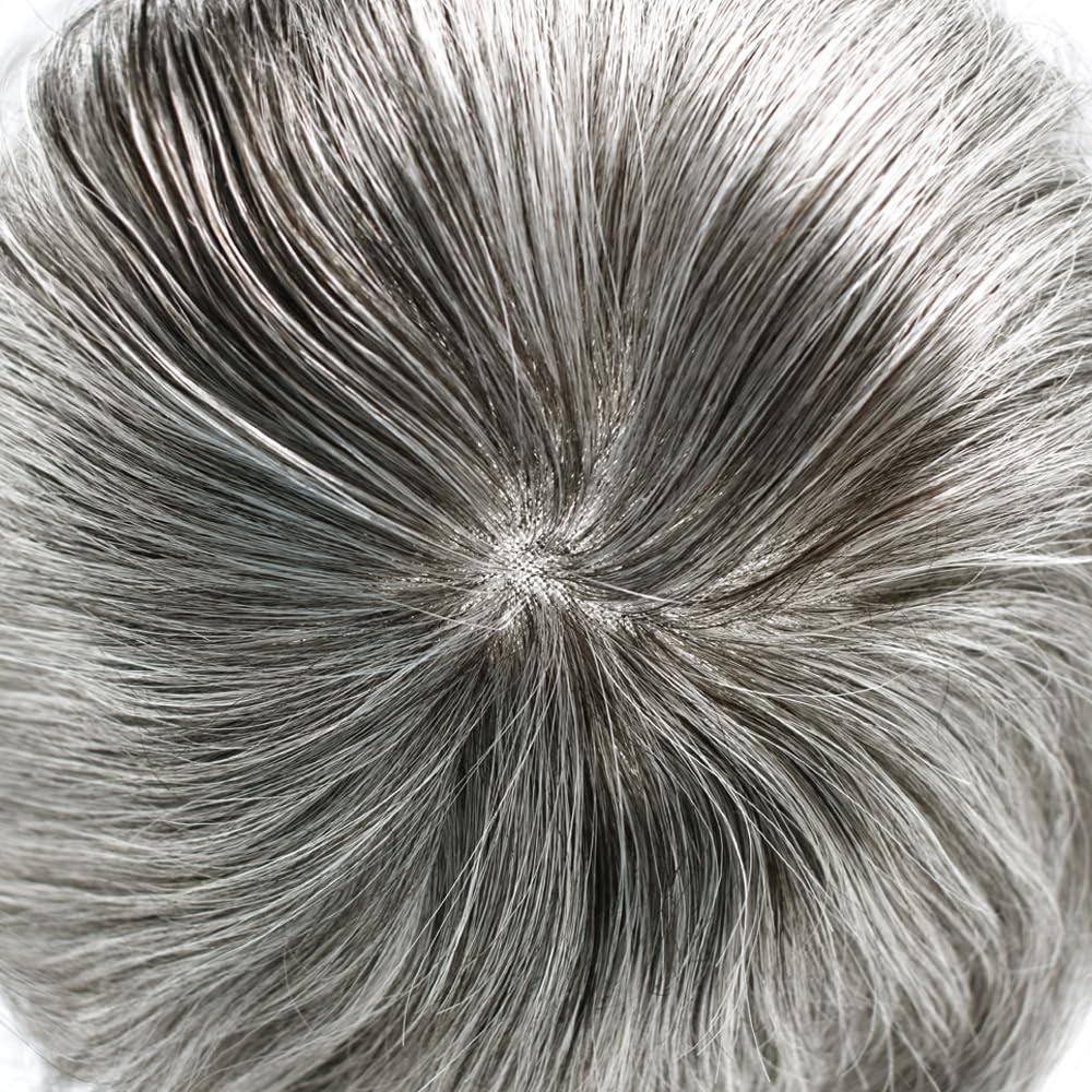 Hair Wonders Toupee For Men Real Human Hair Mens Toupee Hair Replacement System Swiss Lace Hair Piece For Men Hair System6x9\"-100% light to medium density#1B60 1B# OFF BLACK+60% GREY
