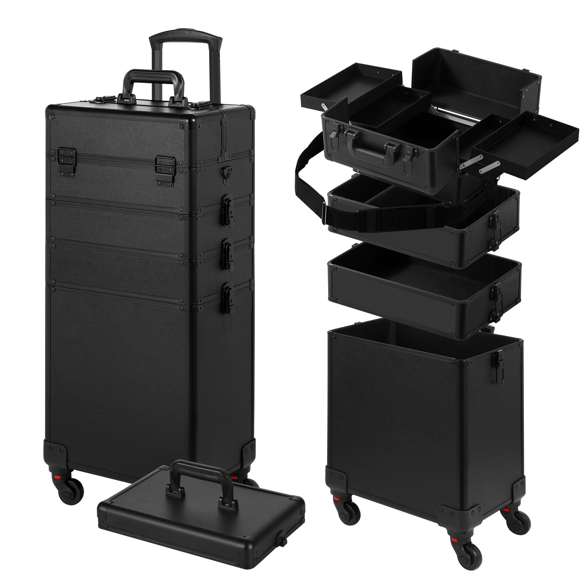 Somduy Somduy Rolling Makeup Case, Makeup Train Case with Lid, 5 in 1 Cosmetology Case on Wheels, Christmas Gift, Large Makeup Case Organizers, Profesional Cosmetic Case for Salon Barber, Black