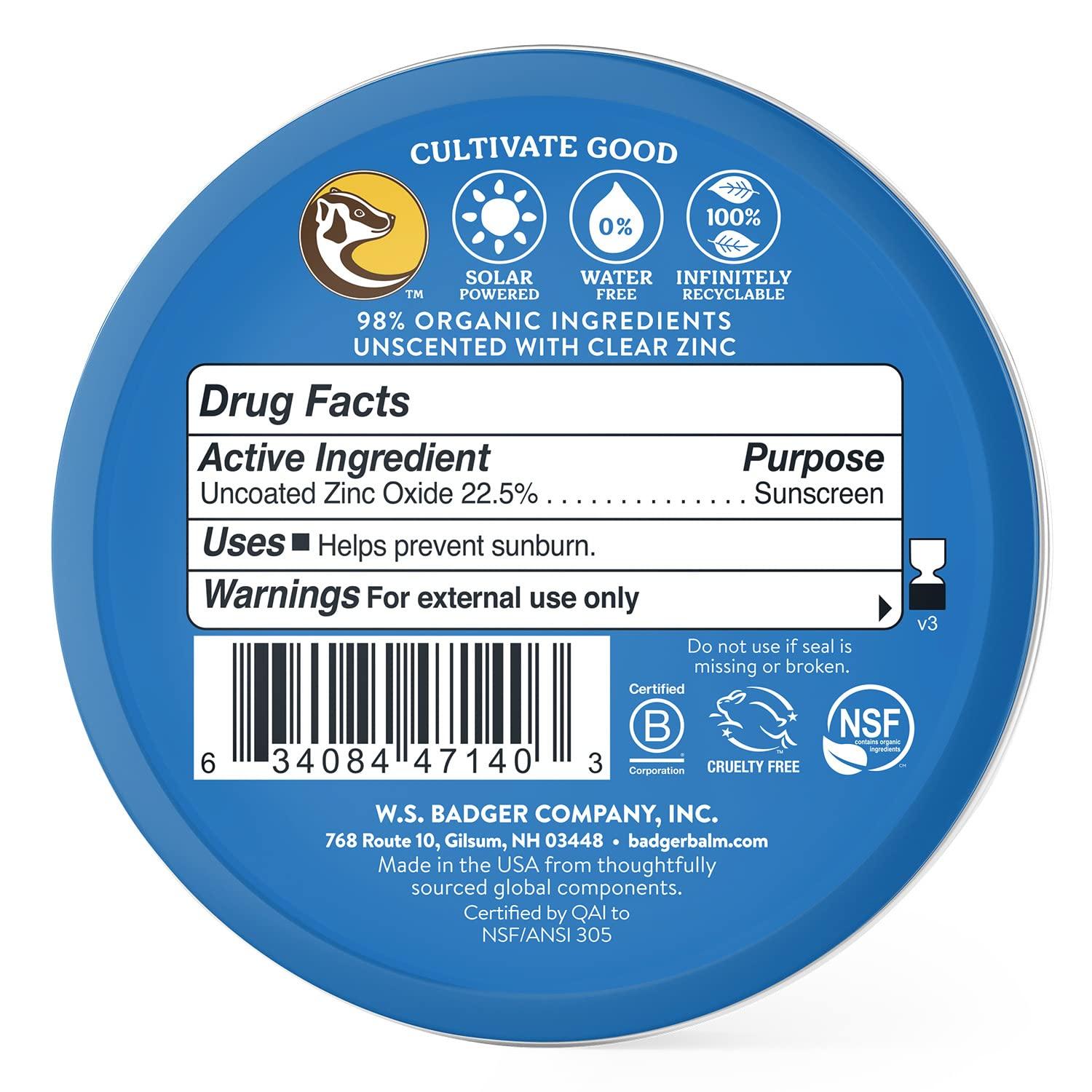 Badger Badger Coral Reef Safe Sunscreen Tin, SPF 40 Zinc Oxide Sunscreen, Broad Spectrum, Water Resistant, Travel Size Sunscreen, Sun Skin Care, Unscented, 2.4 oz