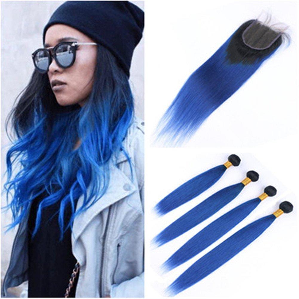 Tony beauty hair Tony Beauty Hair Dark Blue Ombre Virgin Indian Human Hair Bundles Deals 4Pcs with Lace Closure Piece 4x4 Silky Straight #1B/Blue Ombre Virgin Hair Weft Extensions 5Pcs Lot (24 26 28 30+22)