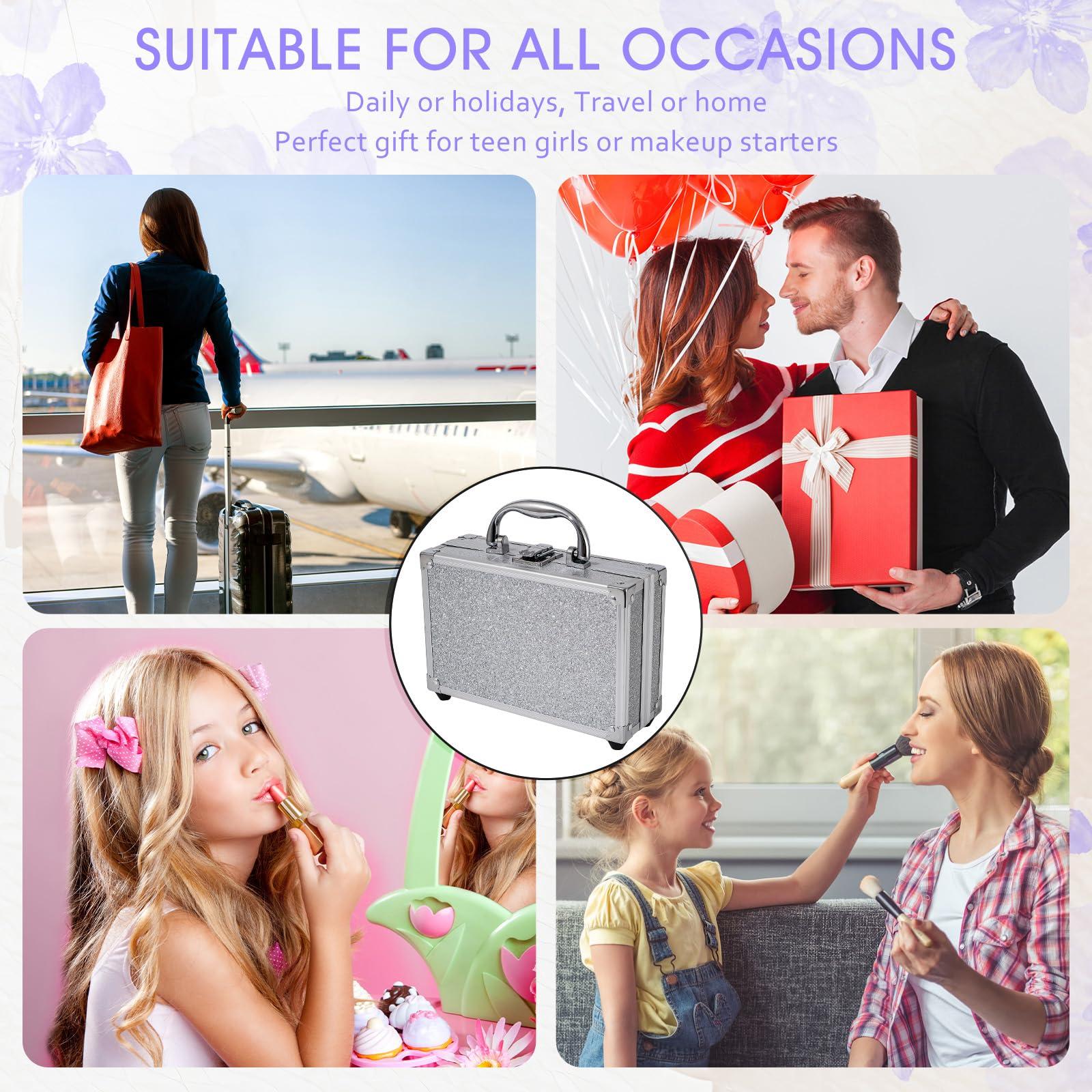 AOLIKOKO AOLIKOKO Makeup Kit for Teenager & Women Full Kit, All in One Makeup Set With The Small Cosmetic Train Case, Professional Makeup Kit, Makeup Gift Set for Women Girls (silver)