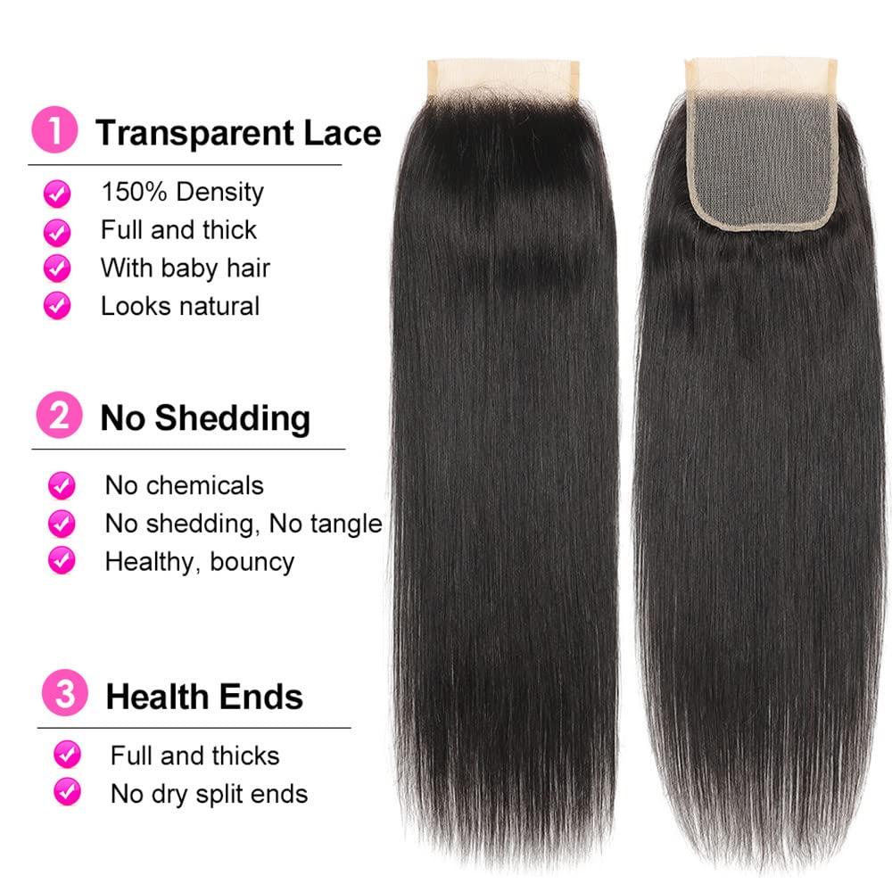 YISEA Brazilian Straight Hair Bundles with Lace Closure(18 20 22 24+16 Closure) 100% Unprocessed Human Hair 4 Bundles with 4x4 Lace Closure Brazilian Virgin Human Hair Bundles