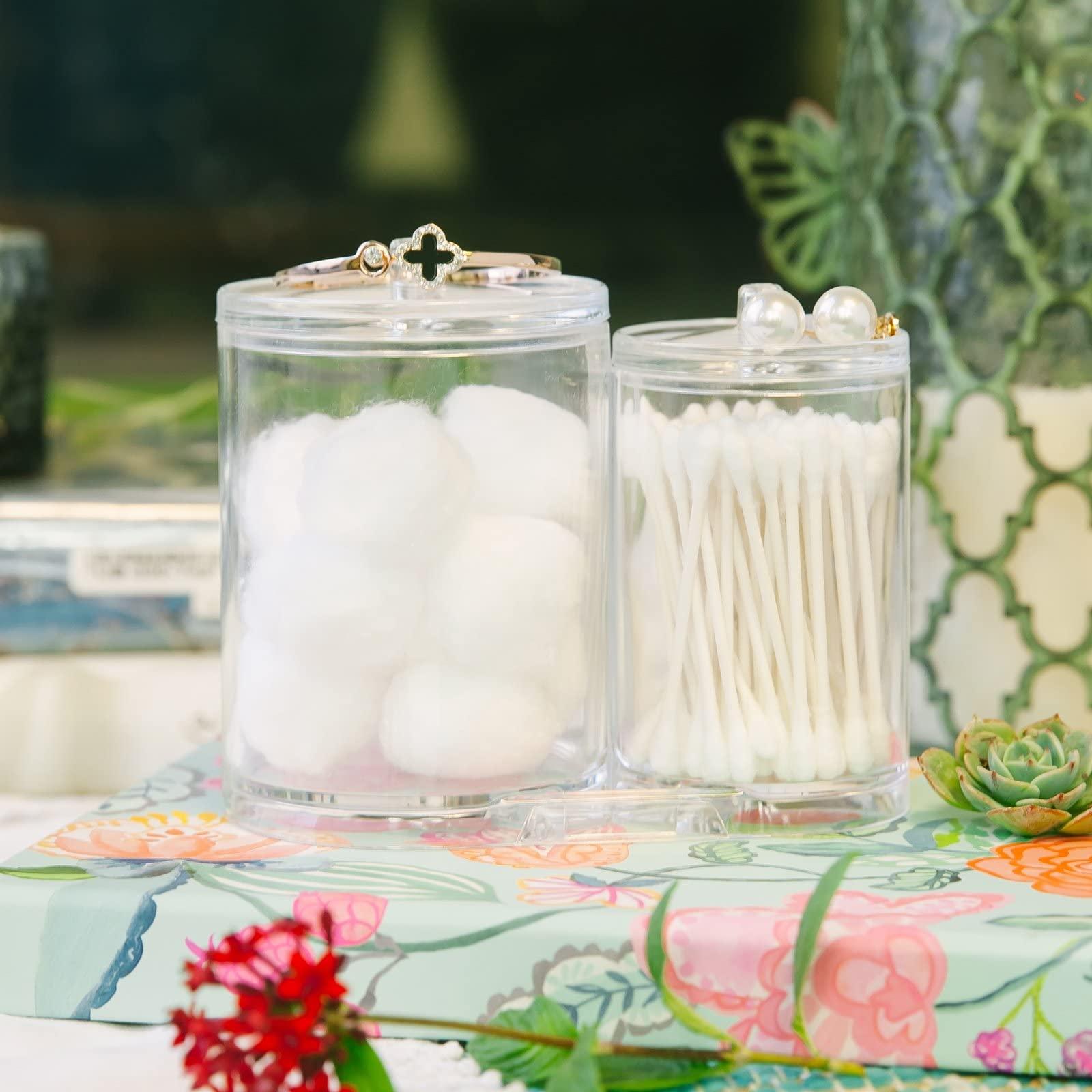 Huji Huji Acrylic Cosmetic Organizer For Q-Tip and Cotton Ball Holder With Lids - 9.36oz and 17.61oz Jars (1 PK)