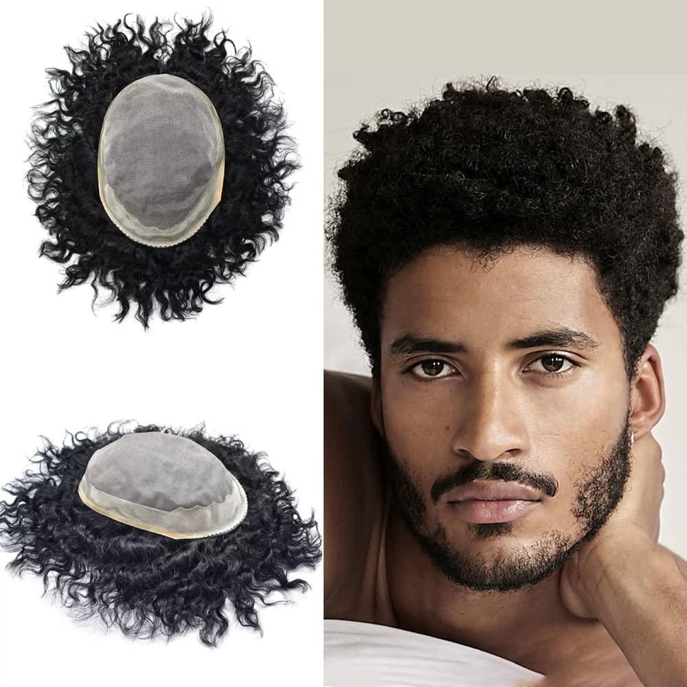 LHC HAIR Man Weave Hair Unit Black Men Afro African American Human Hair Toupee For Black Men Kinky Curly Mens Hair Pieces Durable Injection PU with Breathable Mens Hair Units (8\'\'*11\'\' 6mm-wave, 1# JET BLACK-100% light to medium density)