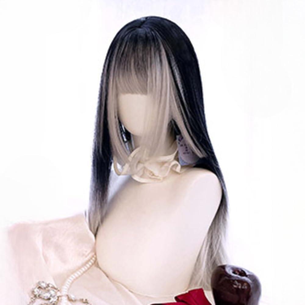 SCORRO SCORRO Hime Cut Split Dye Wig Long Straight Wig with Highlight Bangs, Black Gradient Red Wig, Pink and Black, Purple Black, Gothic Style Y2k Party Wig Lolita Daily Wigs (silver and black)