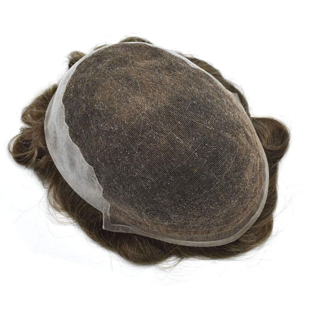 LYRICAL HAIR Toupee for Men Hair Replacement System Swiss Lace Mens toupee Front Bleached Knot Natural Hairline Men Hair Unit 100% Human Hair Gray Brown Black Blonde Men Hair Piece (7\"X9\", #6 Light Brown-100% Light to Medium Light Density)