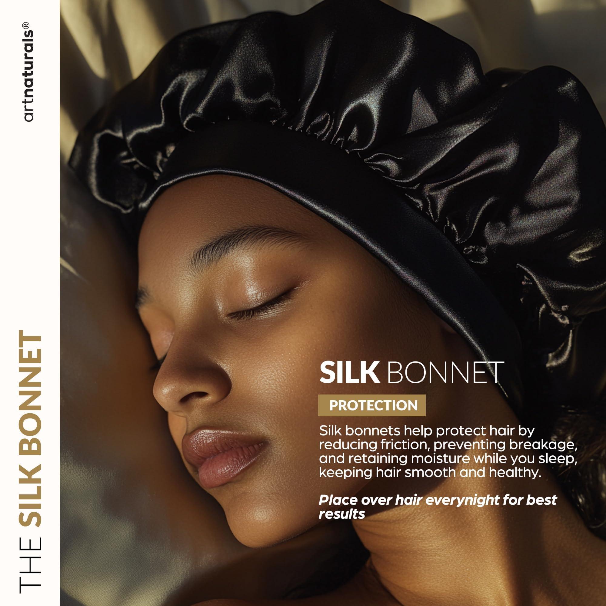 Artnaturals Hair Mask + Silk Bonnet for Sleeping Women Set - Deep Conditioner & Leave-In Conditioner for Dry, Damaged Hair - Argan Oil, Jojoba, Aloe & Keratin - Satin Bonnet for Sleeping, Repair & Hydrate (8 oz)