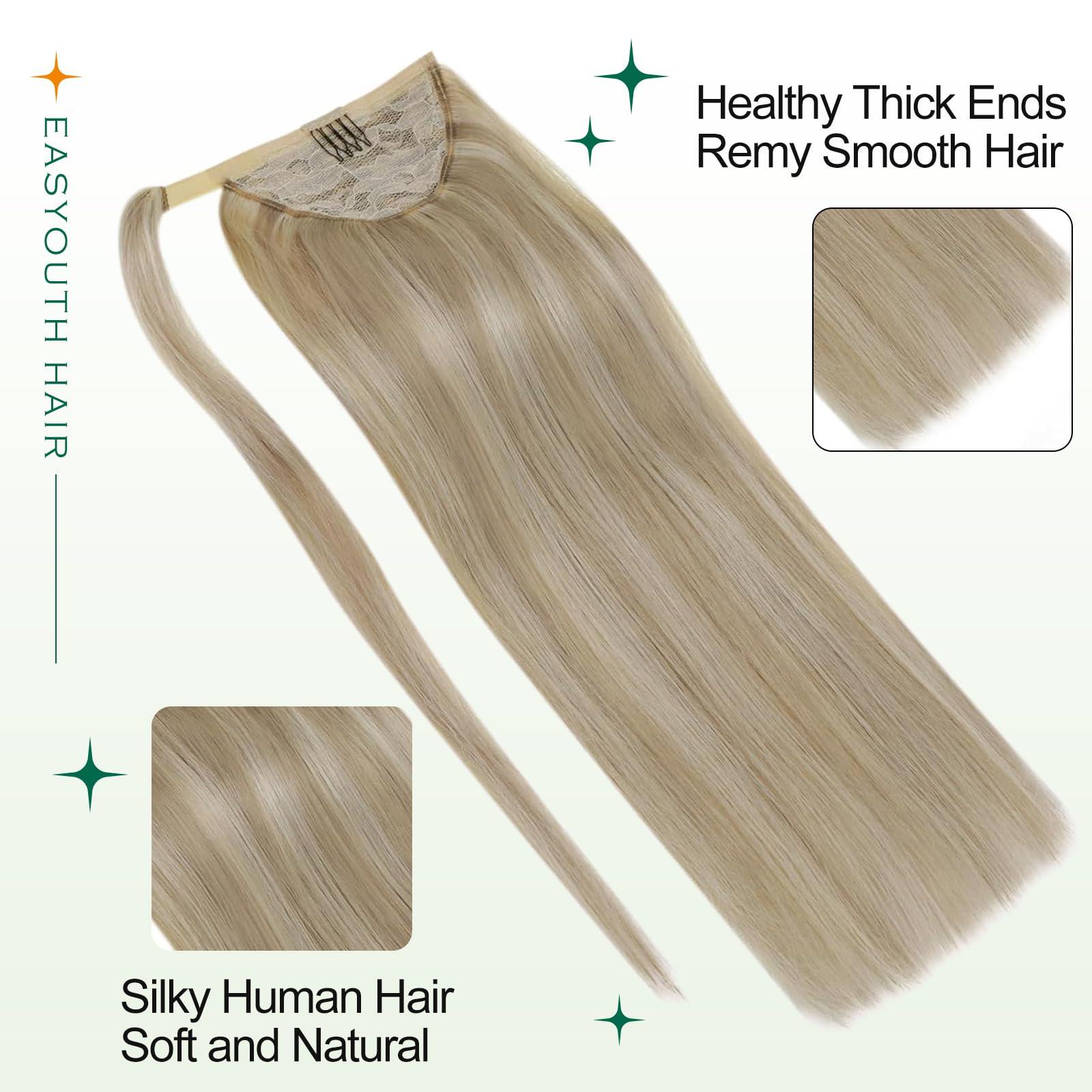 Easyouth Easyouth Blonde Ponytail Extension Human Hair Natural Pony Tails Hair Extensions Golden Blonde with Bleach Blonde Highlighted Human Hair Ponytail Extensions for Women 18Inch 80g