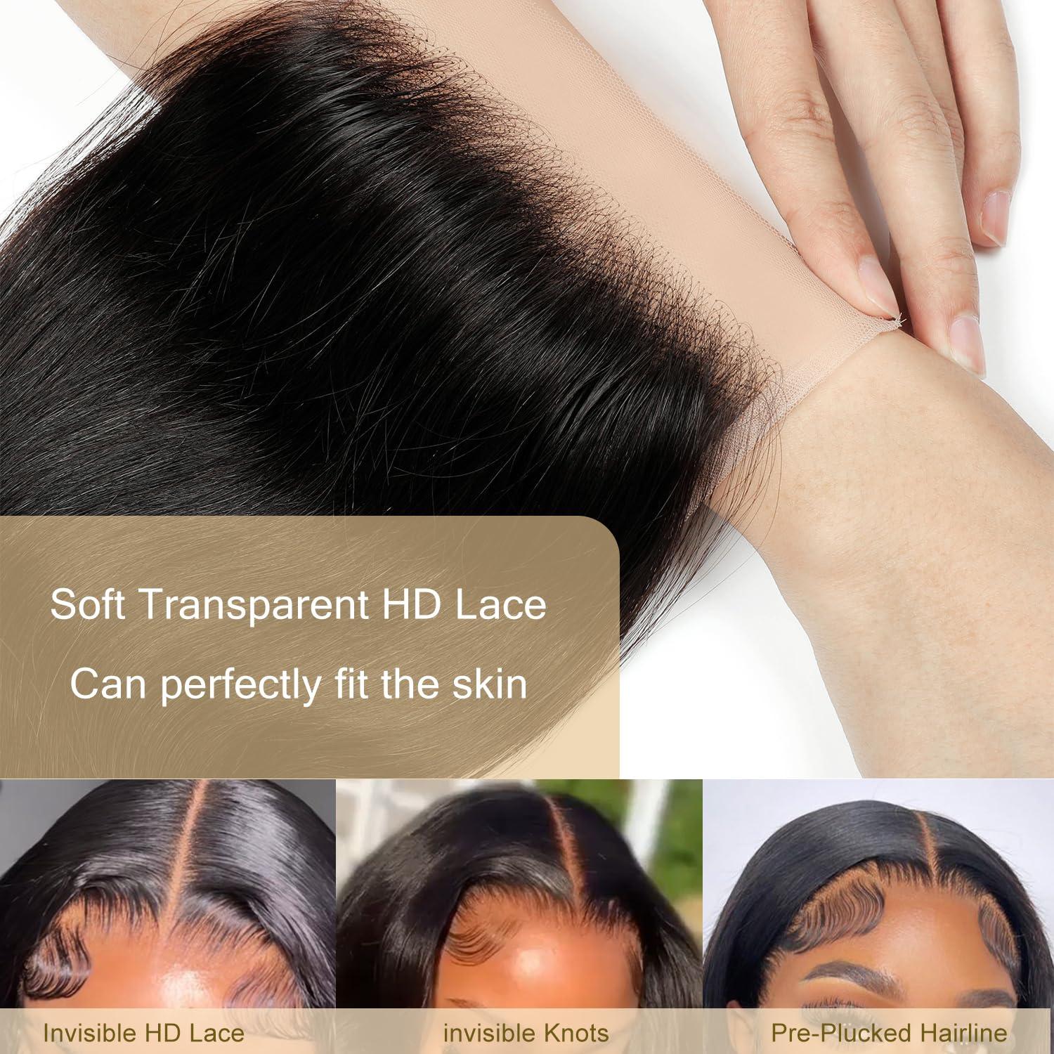 Renyarch 4x4 Transparent HD Lace Closure Human Hair Closure Invisible Lace Human Hair Frontal Closure Human Hair Extensions Pre Plucked Natural Black (16Inch,Body Wave)