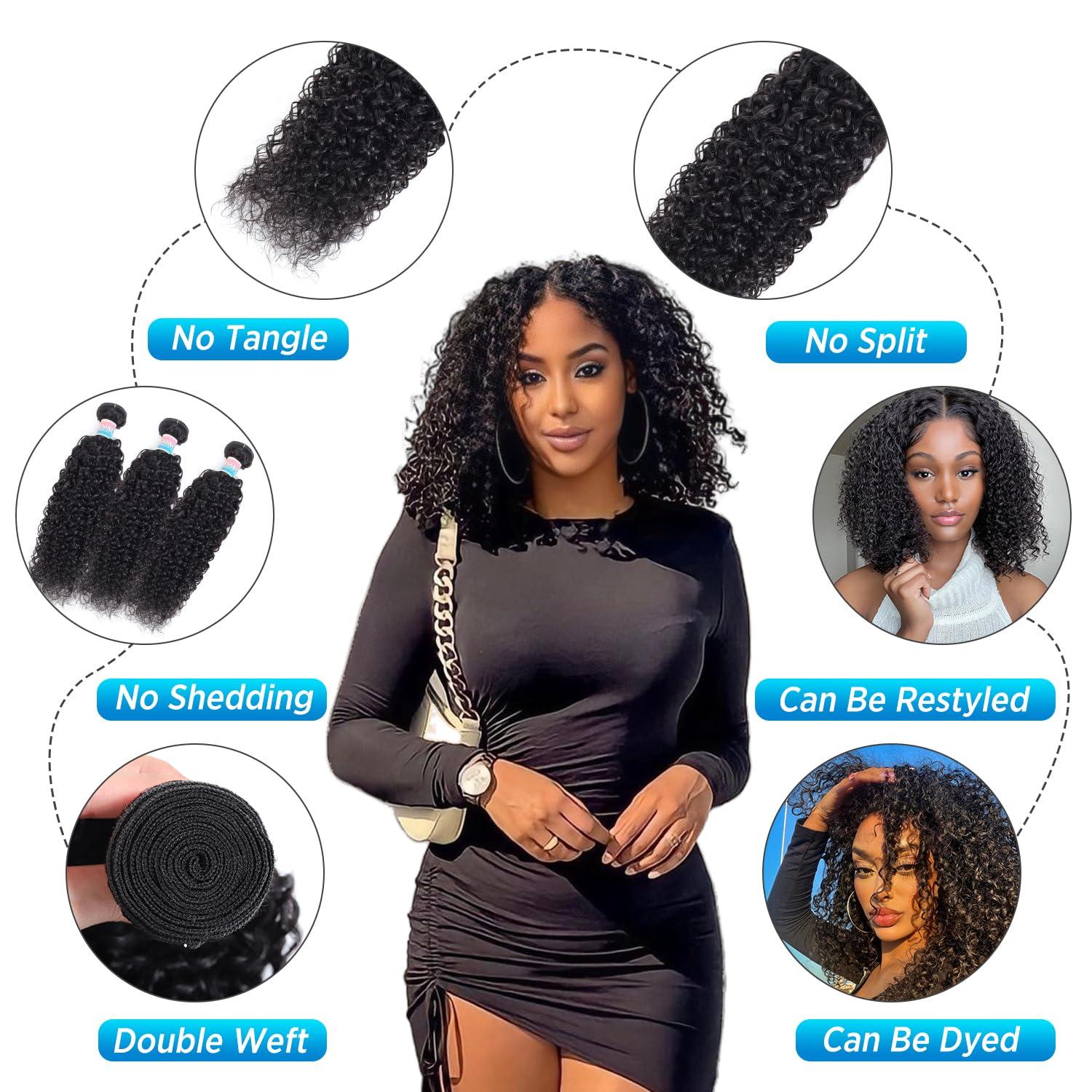 EMOL Kinky Curly Human Hair Bundles Thick Curly Weave Bundles Virgin Hair Bundles Full Head Hair Natural Black Color Hair Bundles Can Be Dyed 3 Bundles Total 300g 18 18 18 Inch