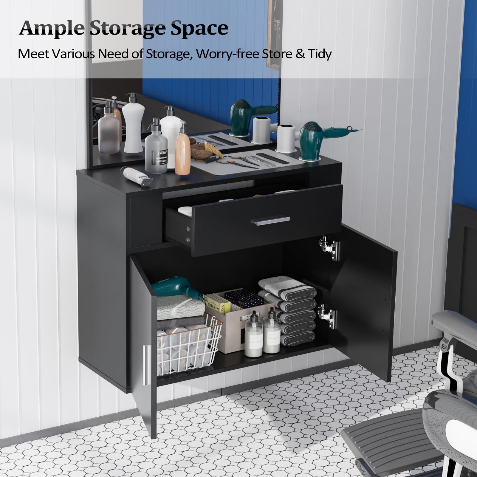 OmySalon OmySalon Wall Mount Salon Station with Mirror, Hair Styling Barber Station, Beauty Salon Spa Equipment with 1 Drawer, 1 Storage Cabinet, 2 Hair Dryer Holders, Black