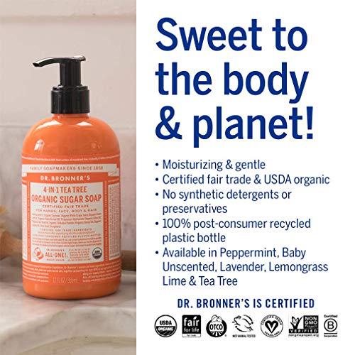 Dr. Bronner's Dr. Bronner\'s - Organic Sugar Soap (12 oz Variety Pack) Lavender, Peppermint, Tea Tree, & Lemongrass - Made with Organic Oils, Sugar & Shikakai Powder, 4-in-1 Use: Hands, Body, Face & Hair | 4 Count