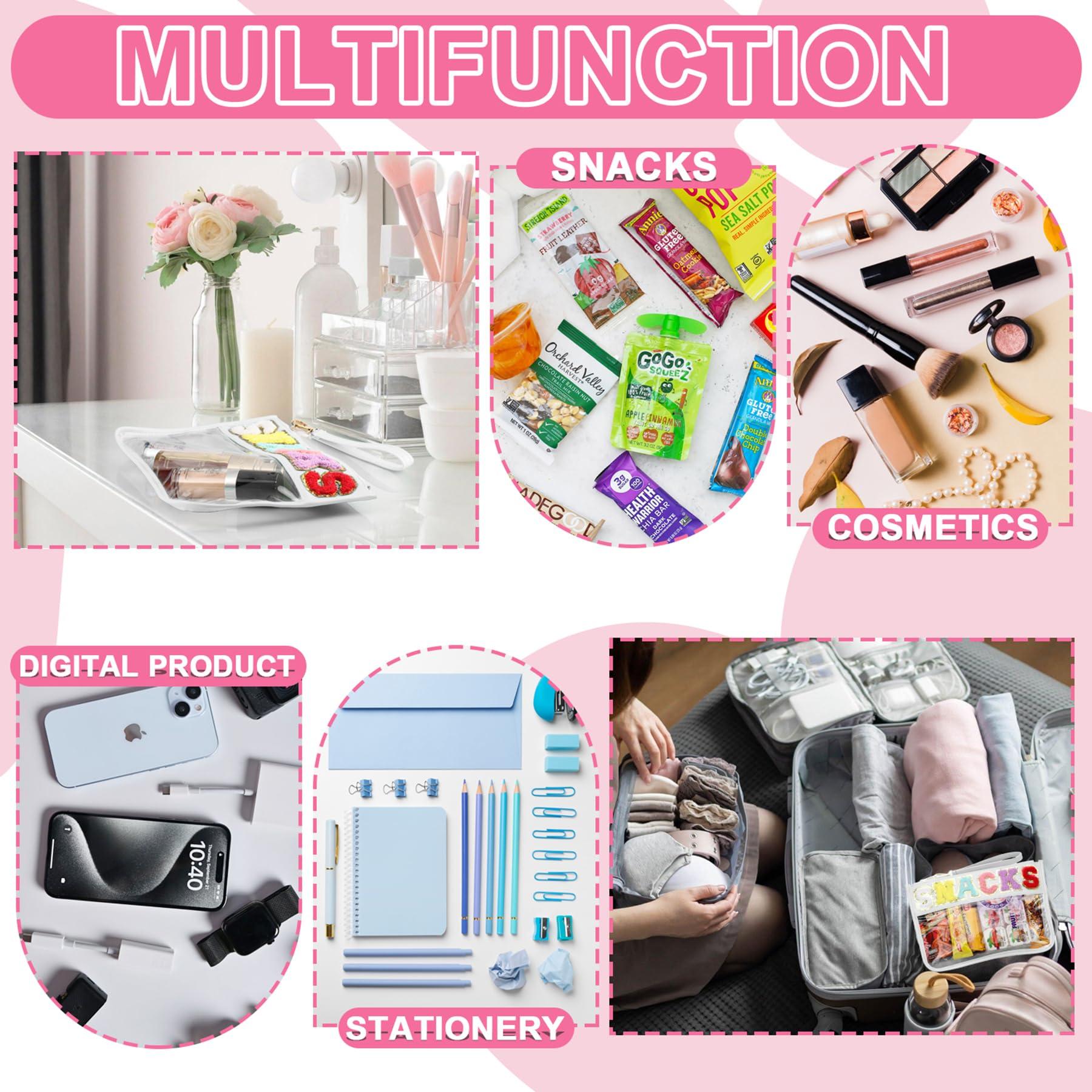 TESAFNG TESAFNG 2 PCS Snack Bags Clear Pouch Travel Makeup Bag Chenille Letter Bags for Zipper Pouch Clear Cosmetic Bag Clear Tote Bag Makeup Travel Bag for Women Girls (White+White)