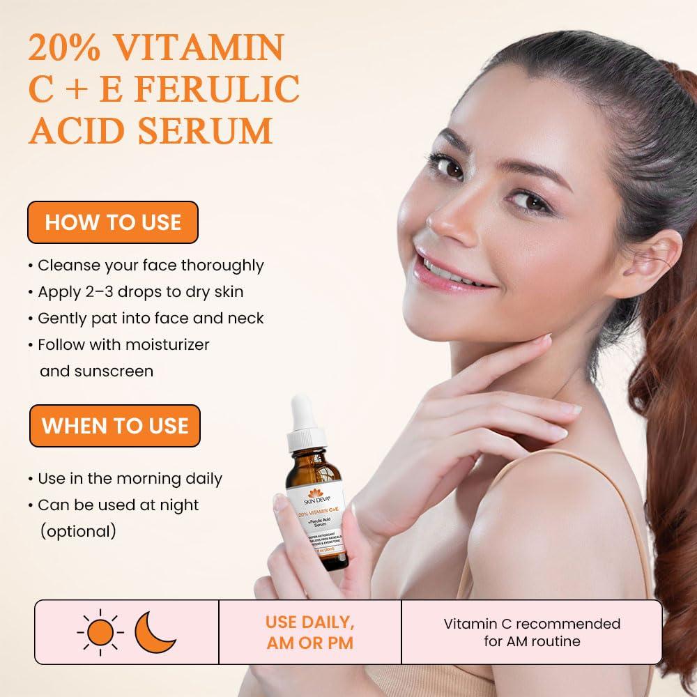 SKIN DEVA SKIN DEVA 20% Vitamin C Serum for Face with Vitamin E Plus Ferulic Acid Skincare Serum 1 fl oz 30 ML Rejuvenates Skin to Fresh & Neutralizes Free Radicals to Brighten Even Vitamin Serum