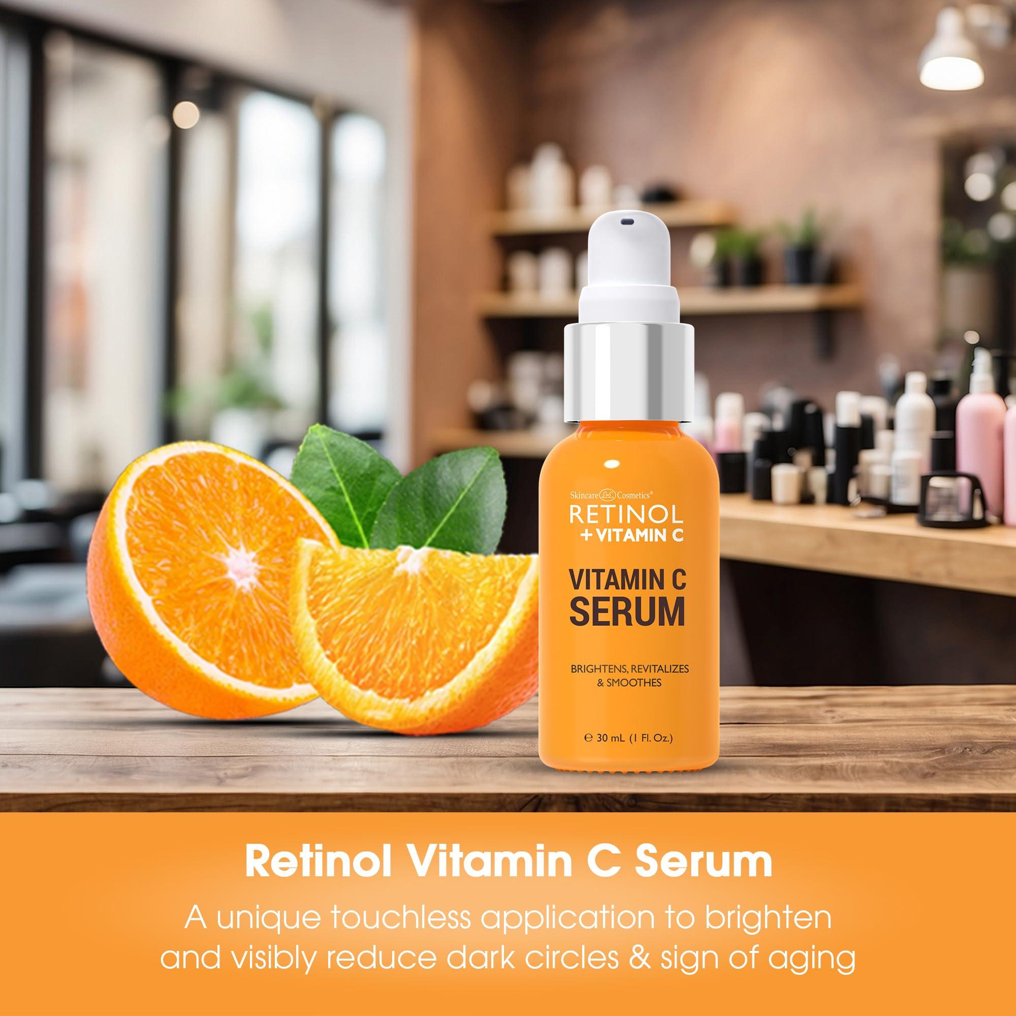Retinol Retinol + Vitamin C Face Serum - Anti Aging Facial Serum, Evens Skin Tone, Diminishes Fine Lines and Wrinkles, Sun Damage & Dark Spots, Restores Radiance, Locks In Moisture - 1 FL. Oz