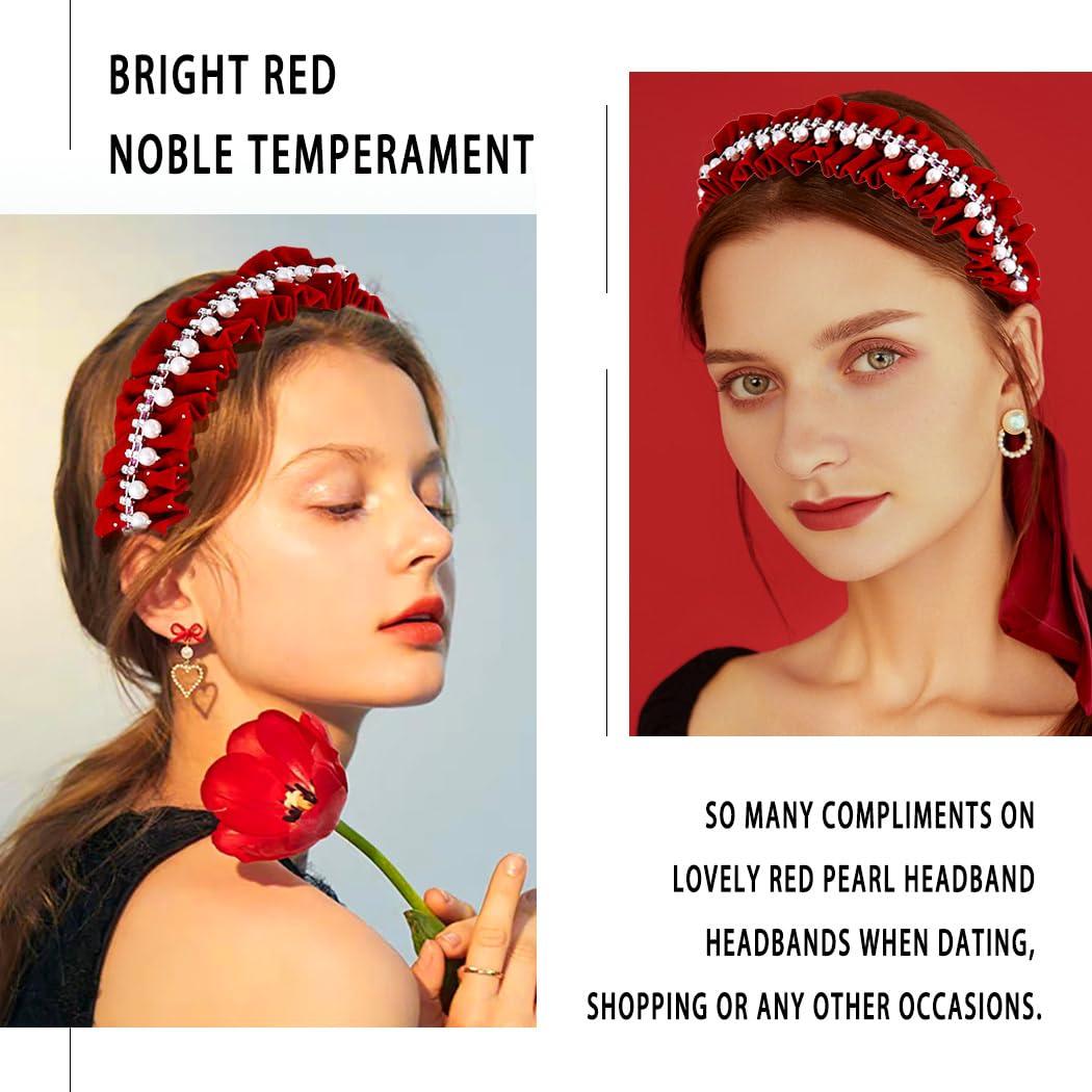 Coridy Coridy Red Headbands Pearl Headband Rhinestone Head Band wrinkle hairband Glittering Jewelry velvet Hair Hoop For Women (Red)