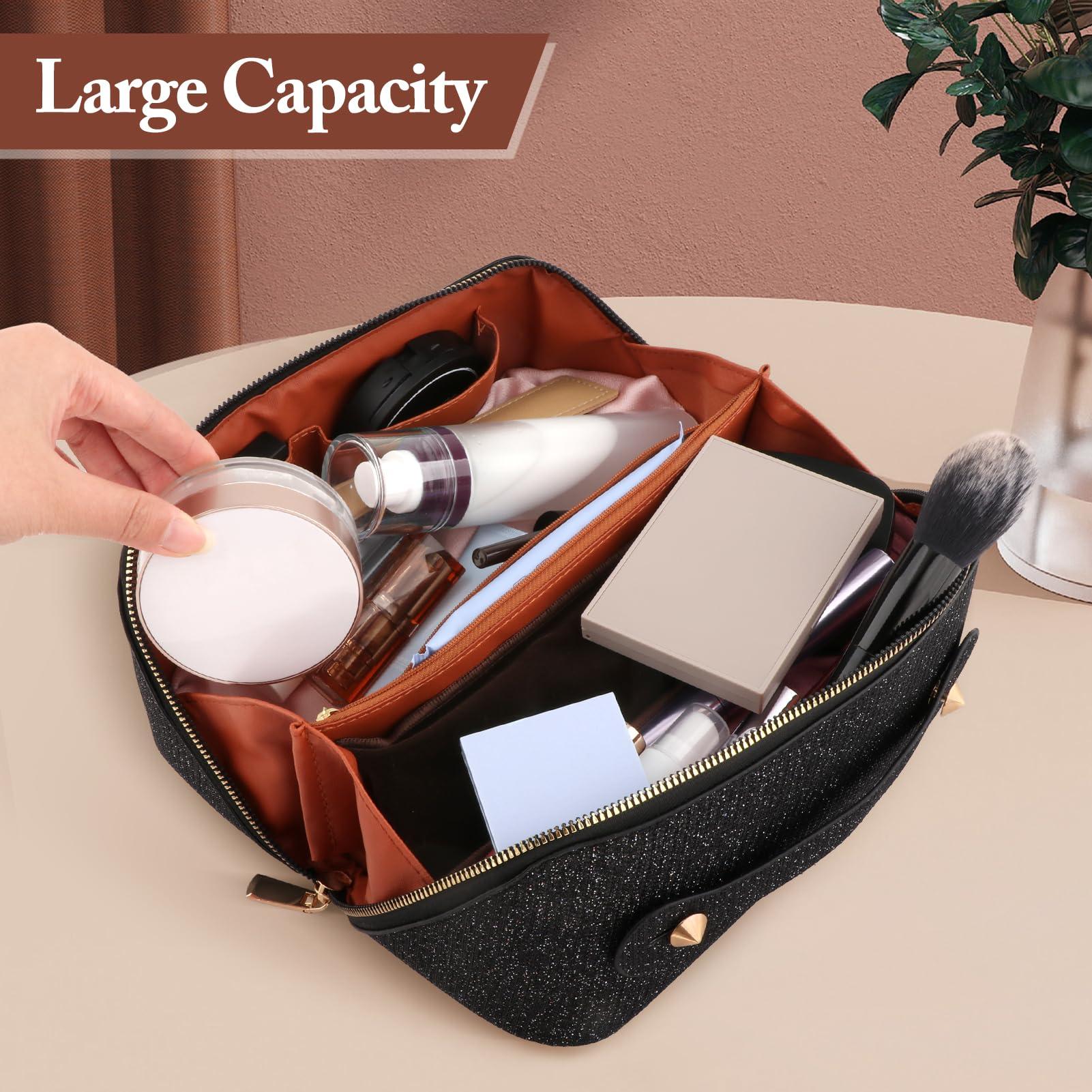 QLoztyse QLoztyse Large Capacity Travel Cosmetic Bag - Lay Flat Makeup Bag with Handle and Compartment Large Opening Sparkly Glitter Cosmetics Organizer for Girl, Black