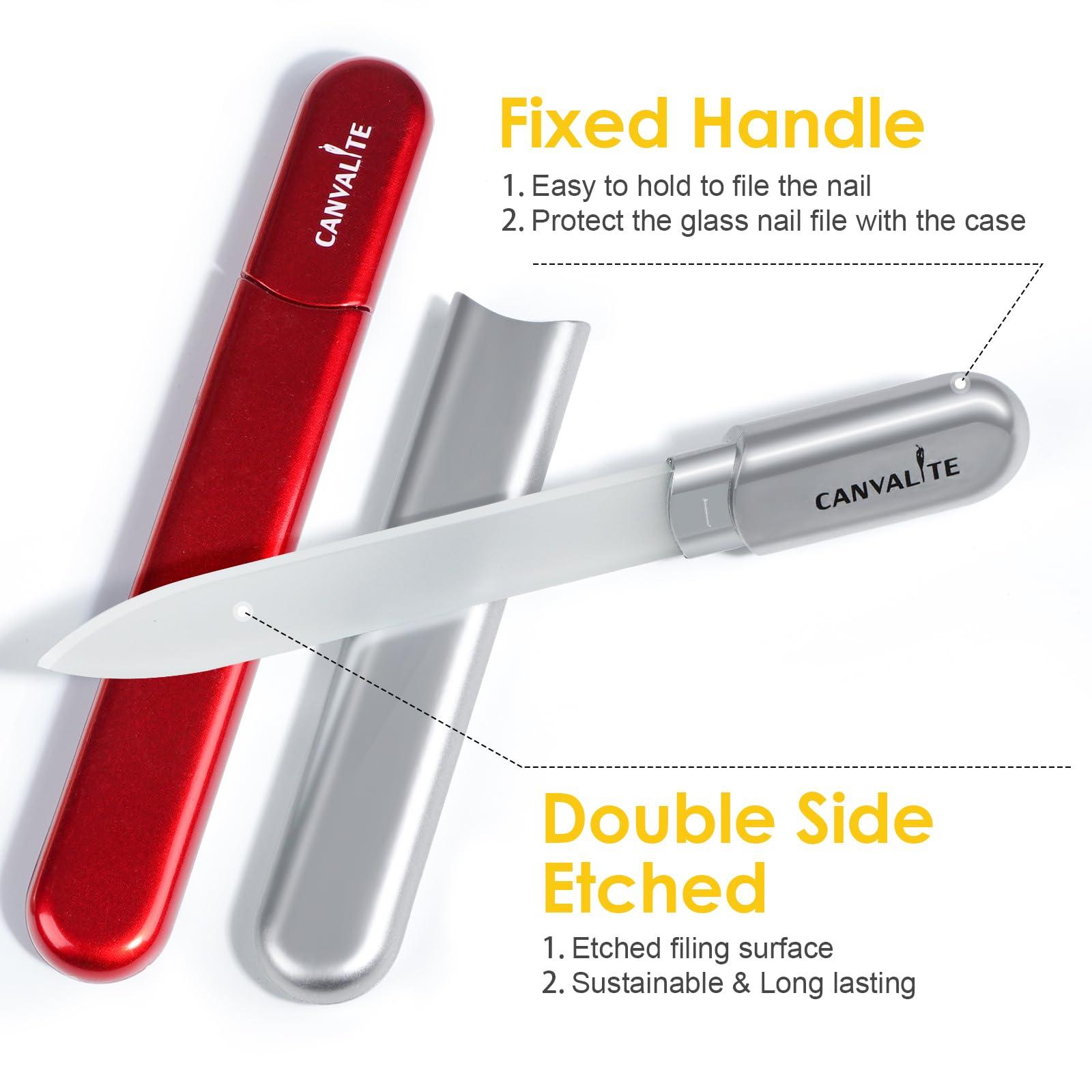 CANVALITE CANVALITE Glass Nail File Set for Natural Nails Crystal Nail Files Glass Fingernail File Double-Sided Etched Gentle Nail Care Stocking Stuffers for Women Girls Gifts, Pack of 2(Silver + Red)