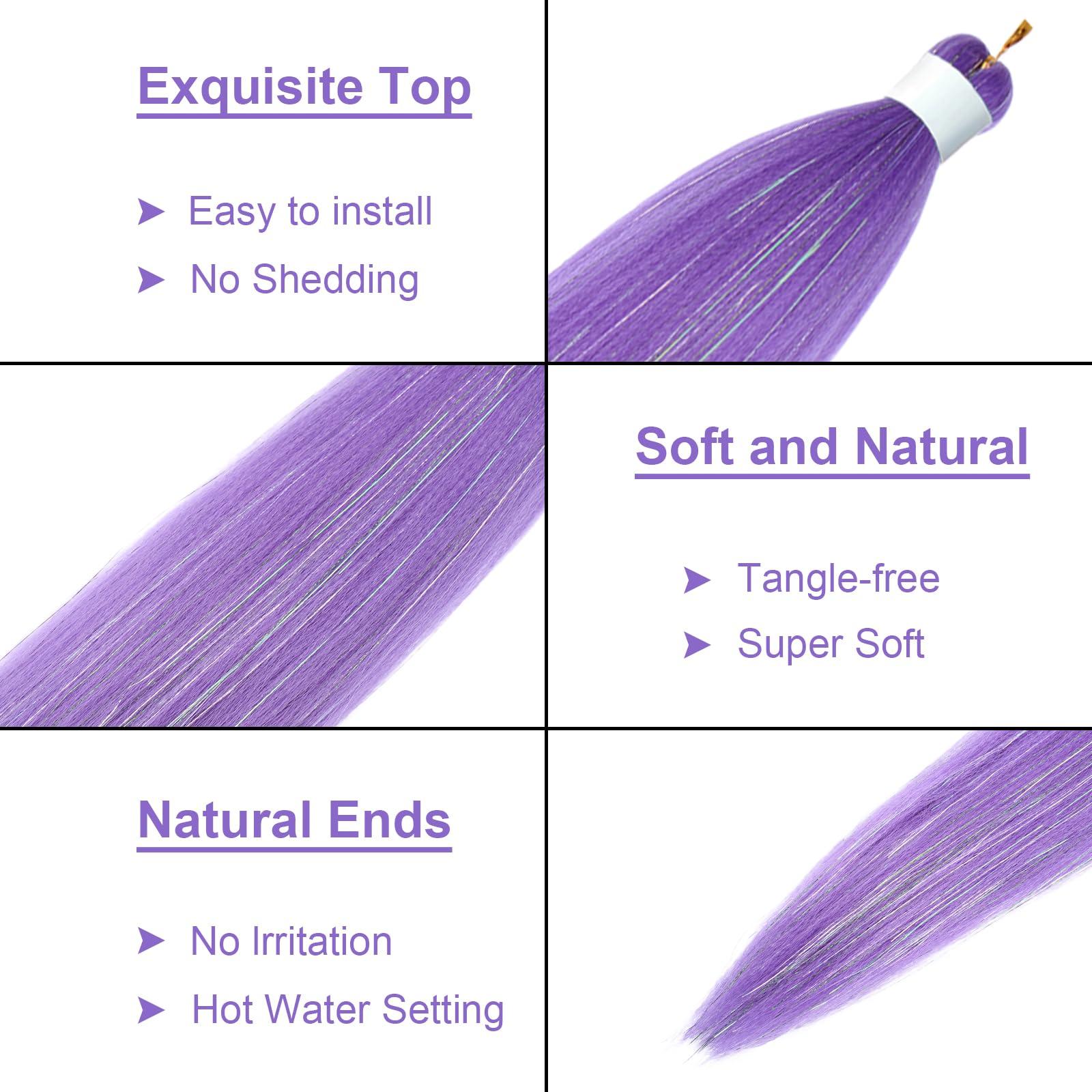 ROURUNFASI Purple with Tinsel Pre stretched Braiding Hair, 26 Inches Box Braiding Hair Extensions, 2 Packs Yaki Texture Synthetic Crochet Braids Hair